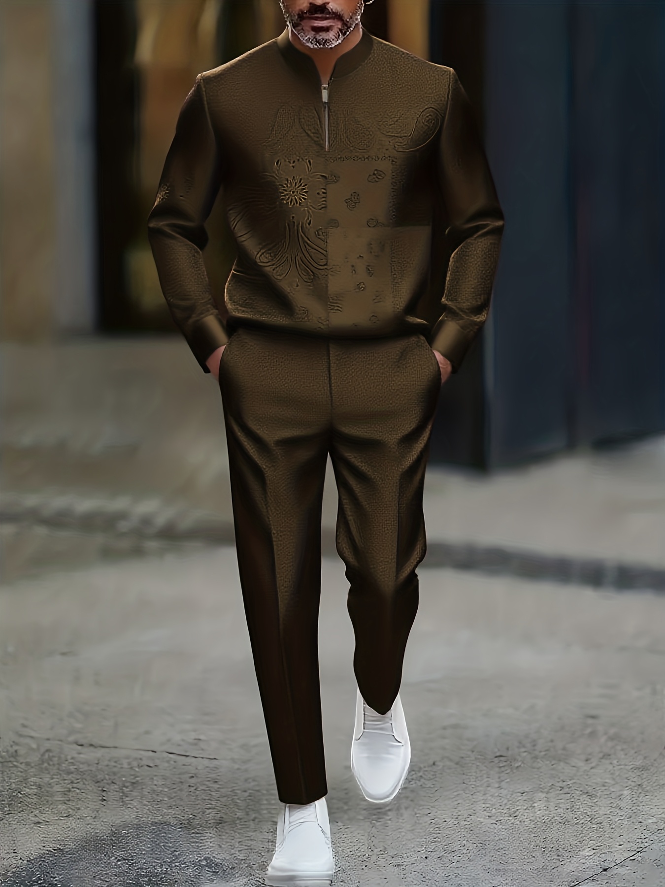 Conjunto de dos piezas casual Color Matching estampado Round-Neck Zipper de manga larga Trousers para hombre