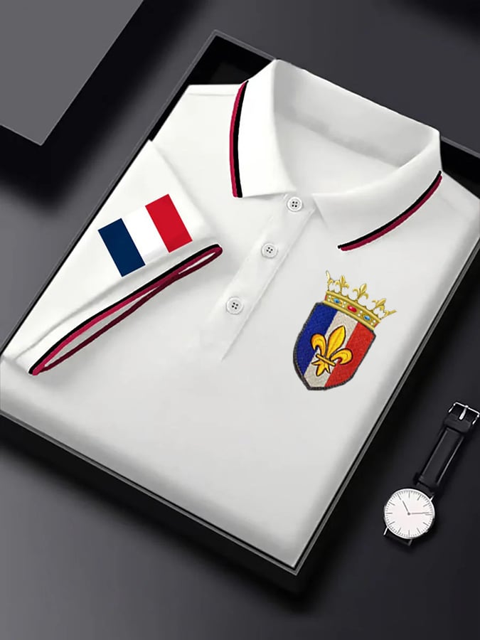 Camisa polo de manga corta French Badge estampado con botones para hombre