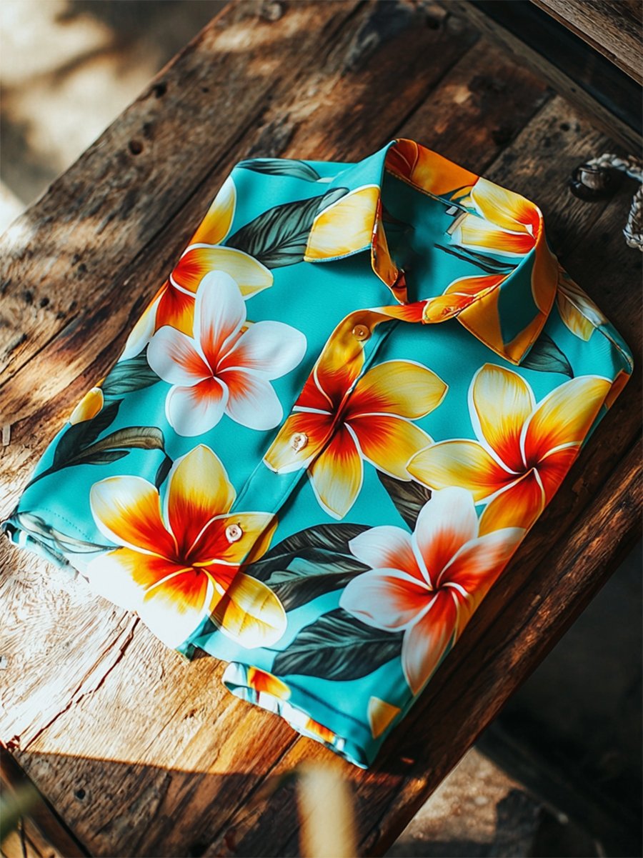 Camisa satén Luxe hawaiano estampado de manga corta Button para hombre