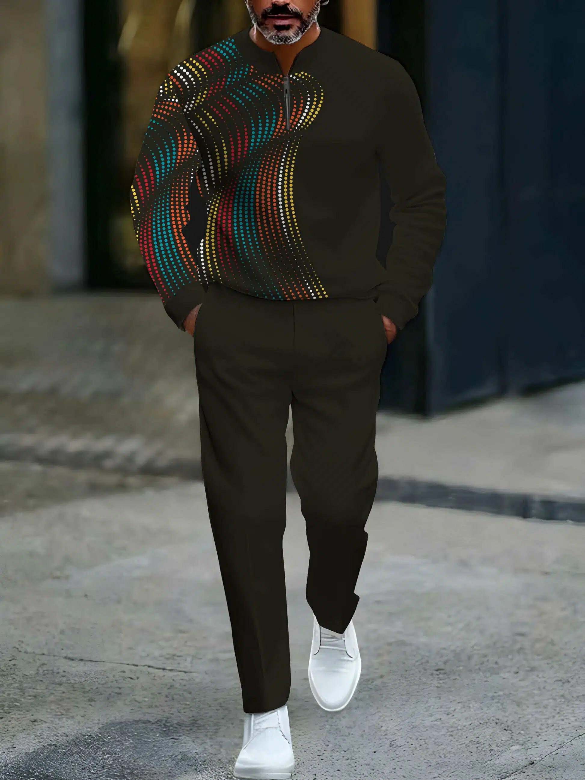 Conjunto de dos piezas casual Dark Coffee & Multicolor degradado Polka Dots estampado Round-Neck cierre de manga larga Tops & Trousers para hombre