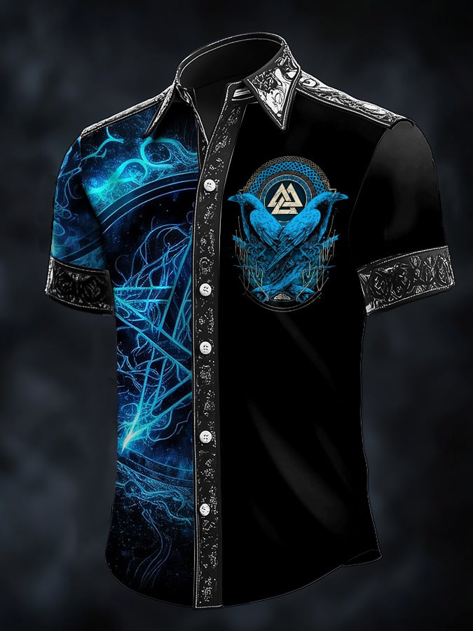 Camisa casual vintage Viking Raven satén para hombre