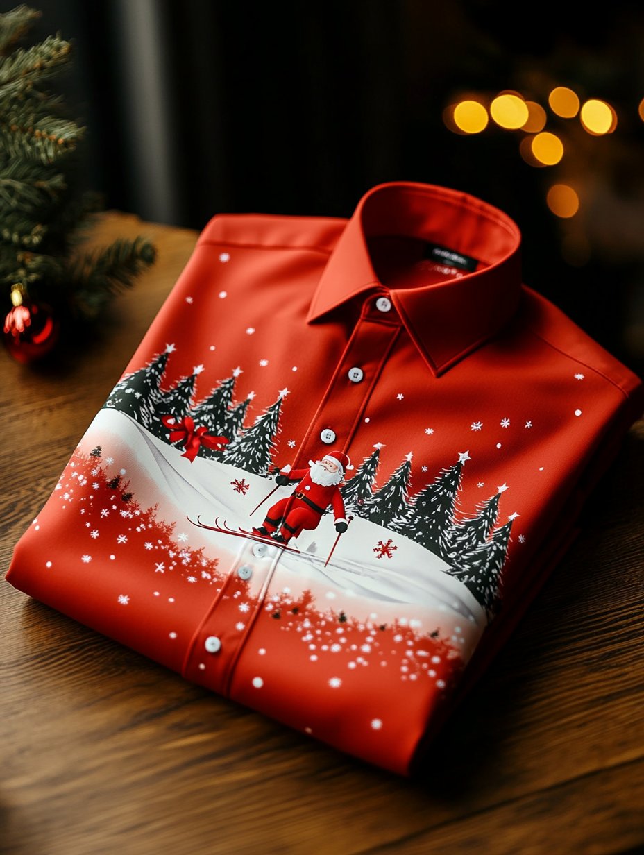 Camisa Christmas Skiing Blessing Santa Claus estampado de manga larga para hombre