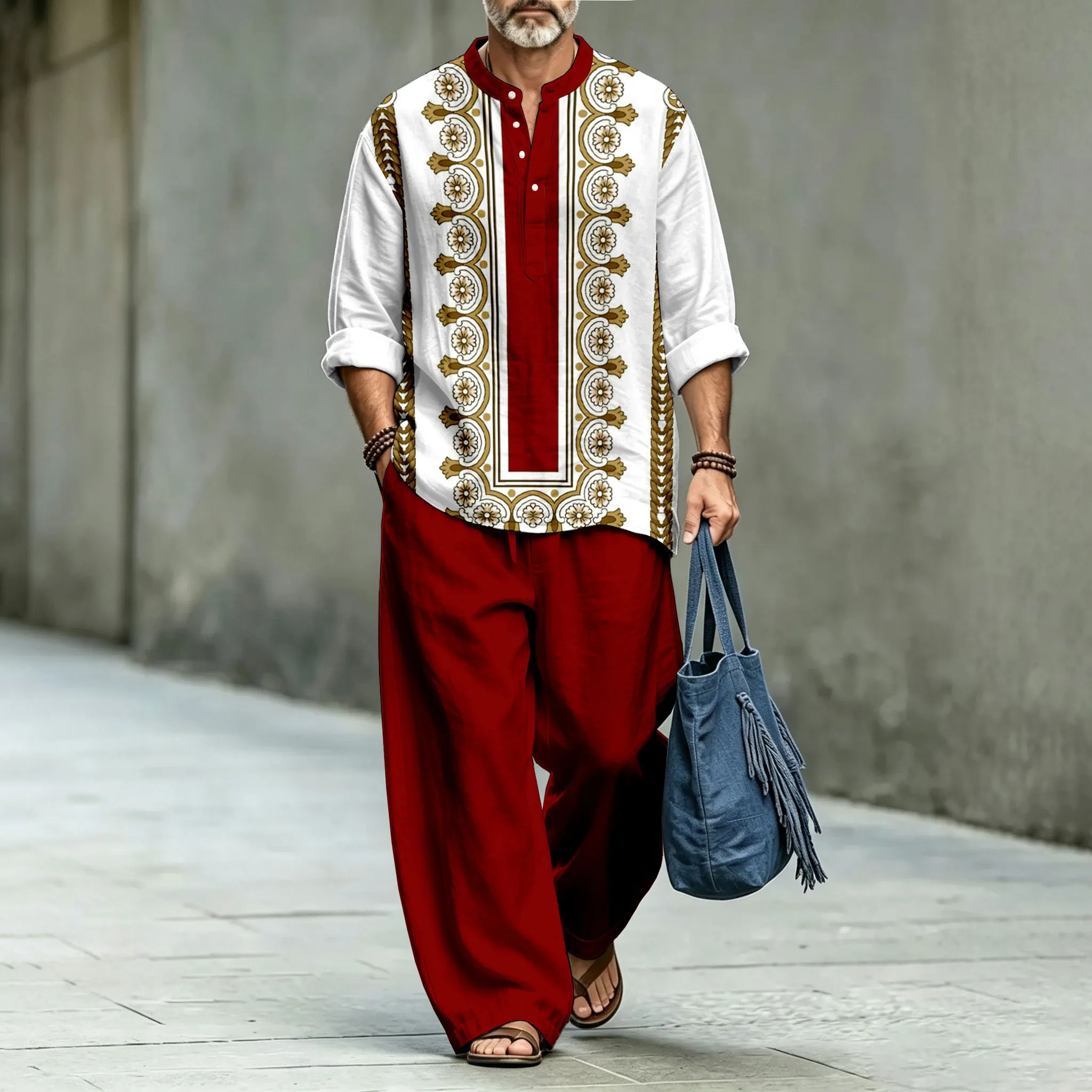 para hombre Stand-Collar camisa polo and Long pantalón Two-Piece Suit Set