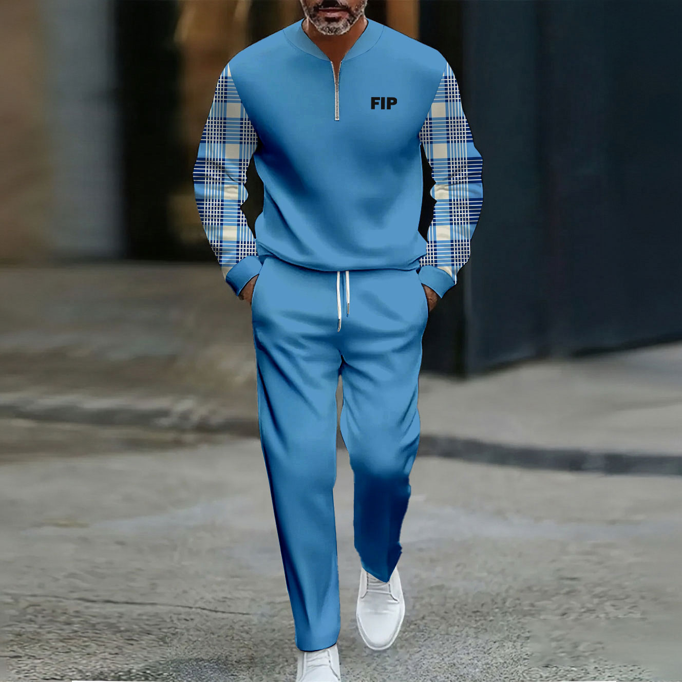 para hombre casual Blue Color Matching Checked estampado Round-Neck Zipper de manga largad Trousers conjunto de dos piezas