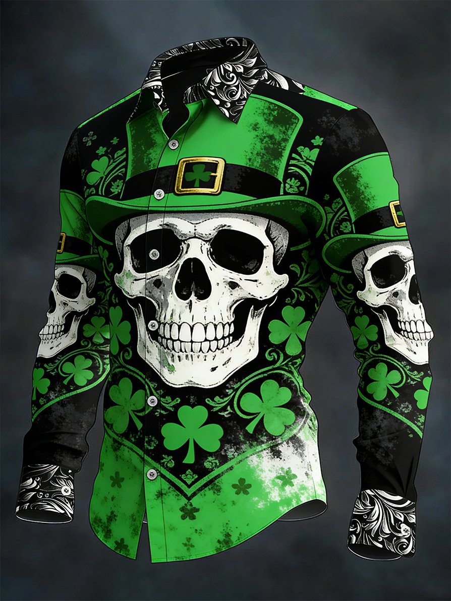 Camisa vintage St. Patrick's Day skull diseño de manga larga para hombre