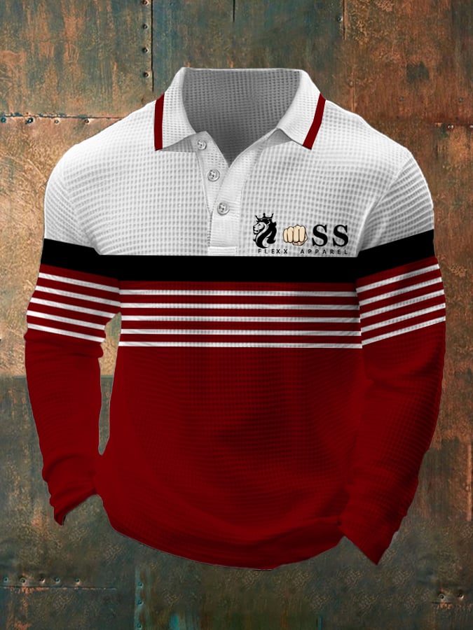 Camisa polo retro Letter Design Waffle Fabric de manga larga para hombre