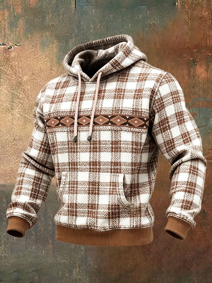Sudadera casual retro a cuadros estampado de manga larga Hooded para hombre