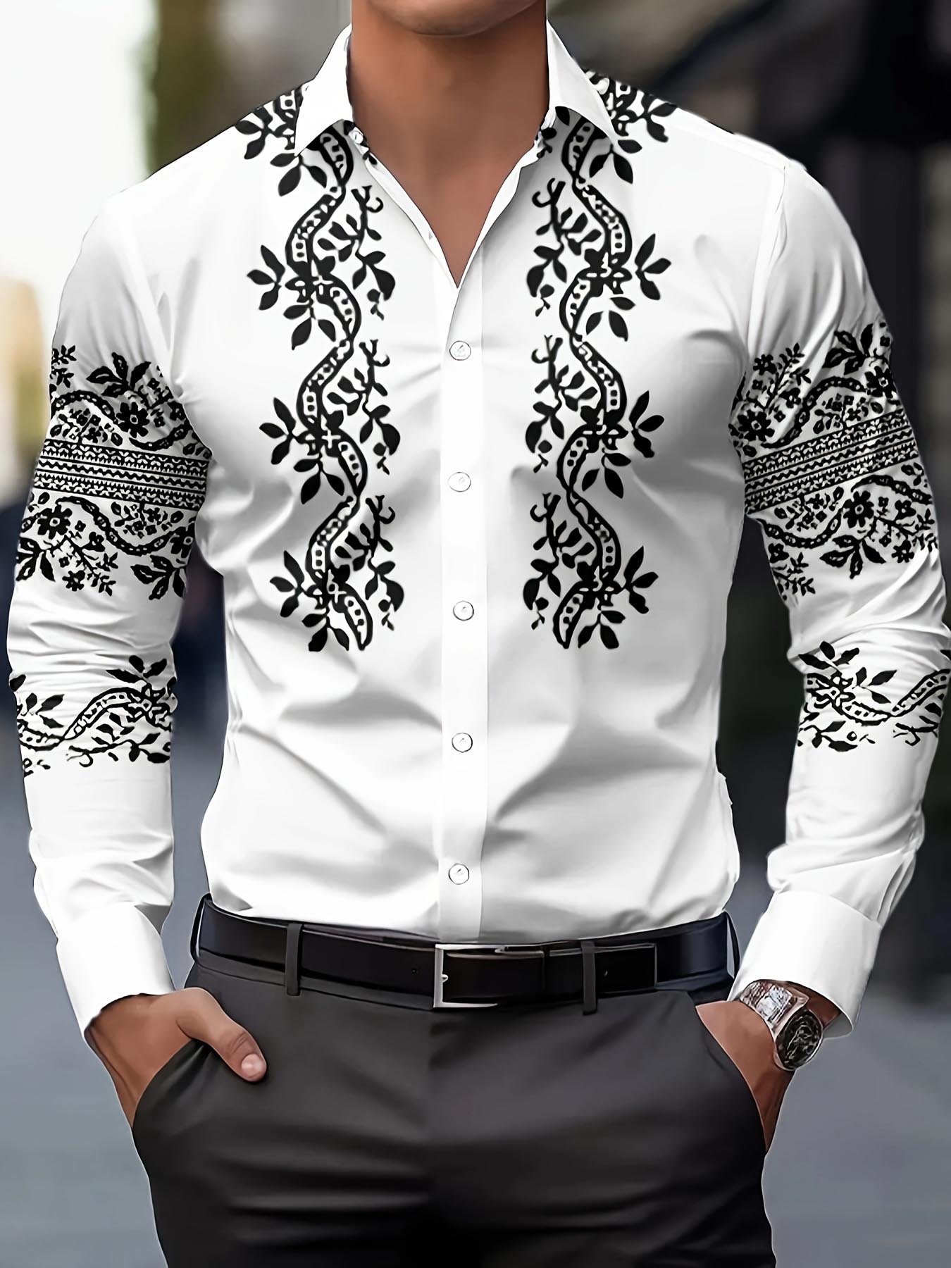 Camisa Street Style ejecutivo Ethnic floral casual estampado de manga larga para hombre