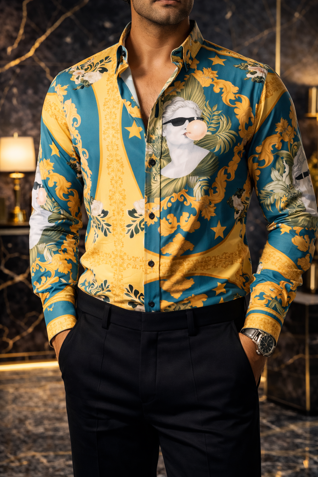 Camisa casual Yellow and Green floral with David Sculpture para hombre