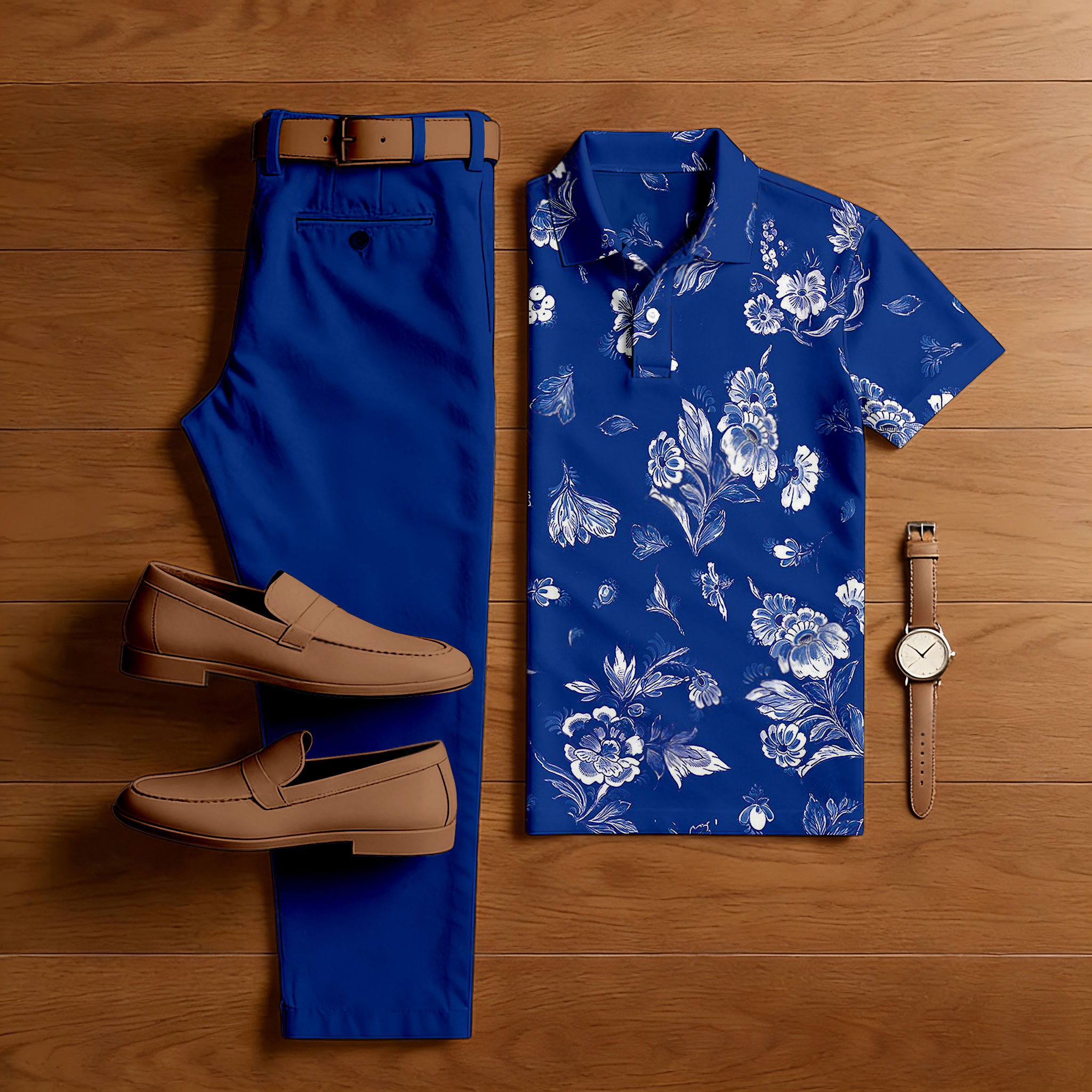 Conjunto de dos piezas casual Royal Blue Plants estampado camisa polo And pantalón para hombre