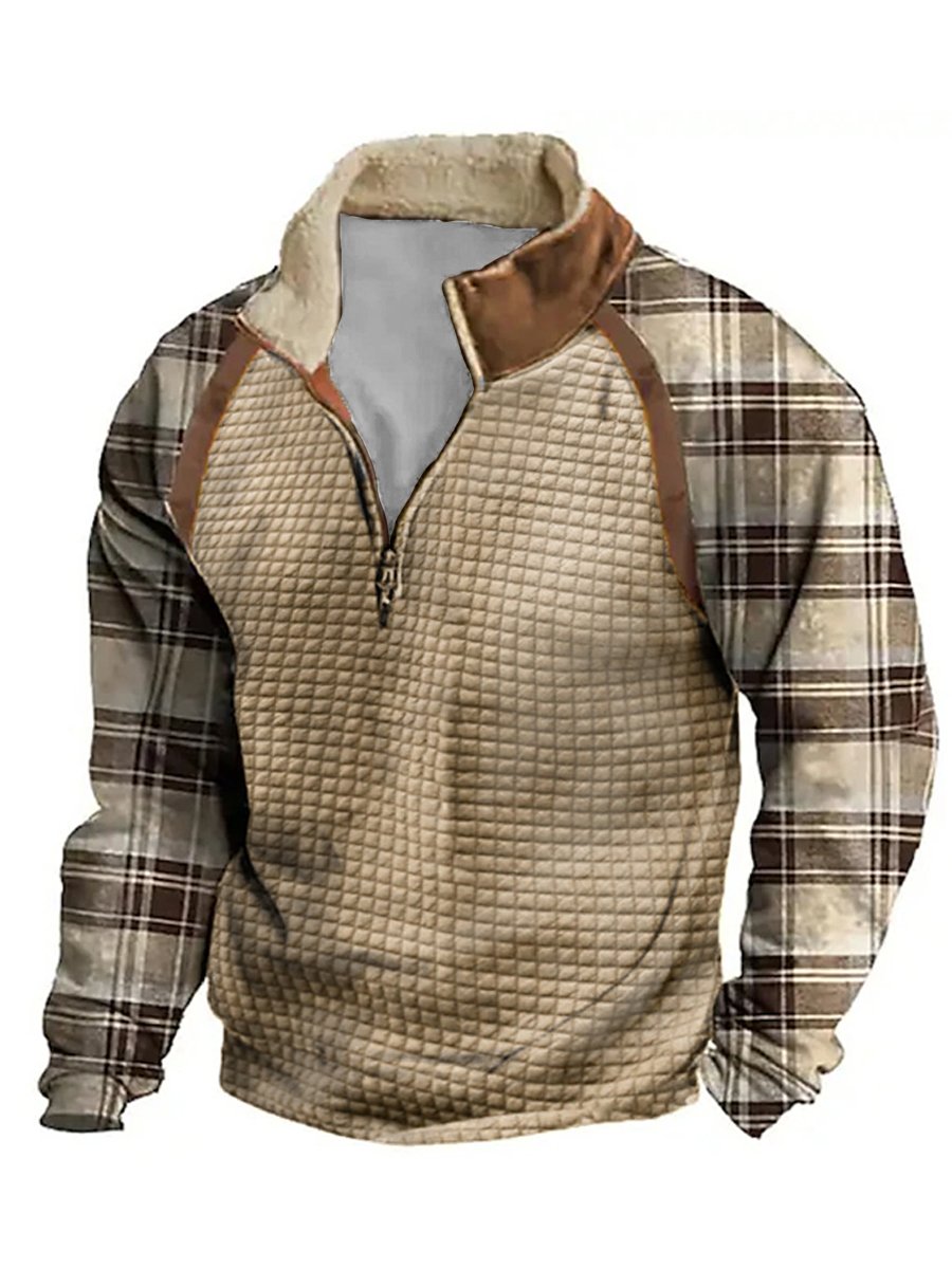 Sudadera a cuadros estampado Patchpara trabajo Waffle cierre Fur cuello para hombre