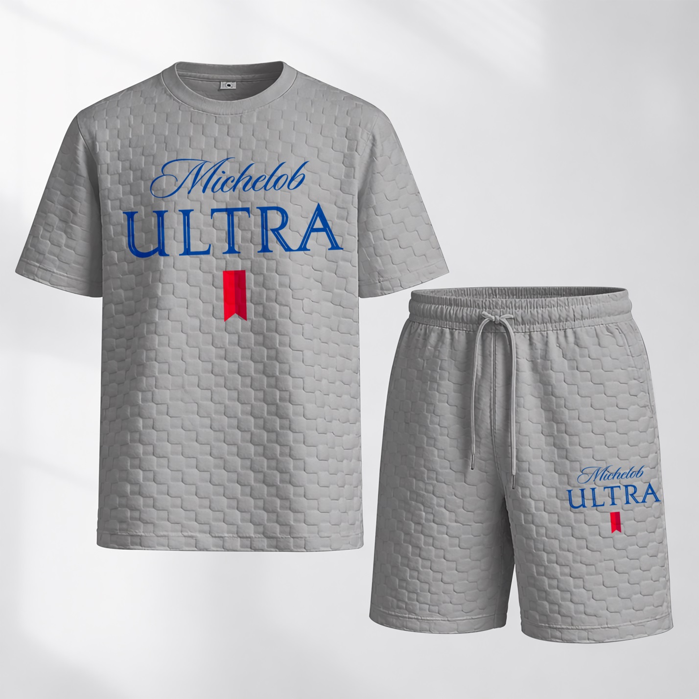 Camisa Spring/Summer Drawstring shorts Set featuring Beverage-estampado a cuadros Fabric—A casual summer ensemble comprising a de manga corta and shorts, ideal for both para uso diario wear and athletic activities para hombre