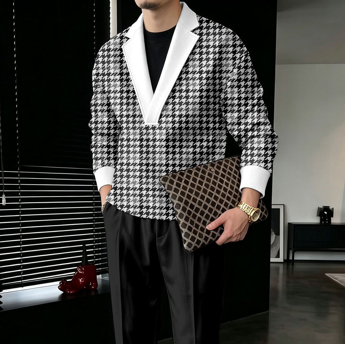 Conjunto de dos piezas Houndstooth V-Neck sudadera and pantalón para hombre