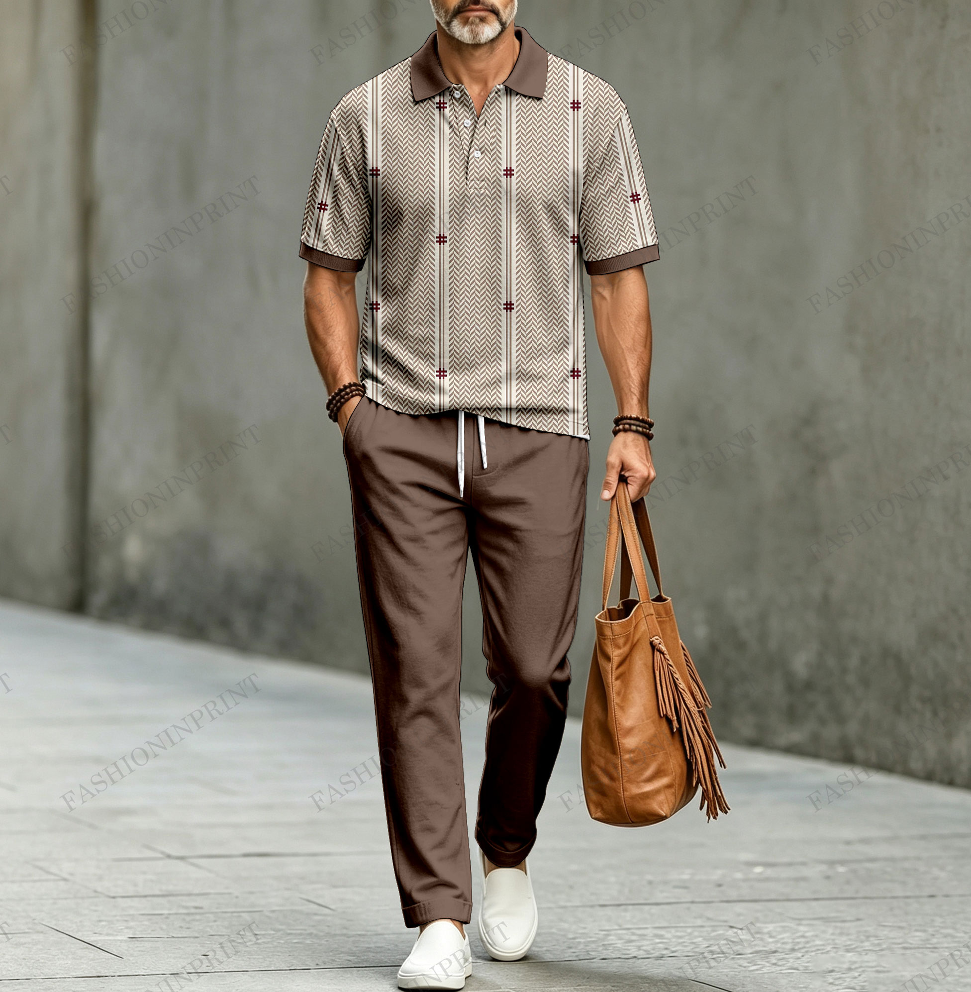 Conjunto de dos piezas casual Herringbone-Patterned de manga corta camisa polo and pantalón para hombre
