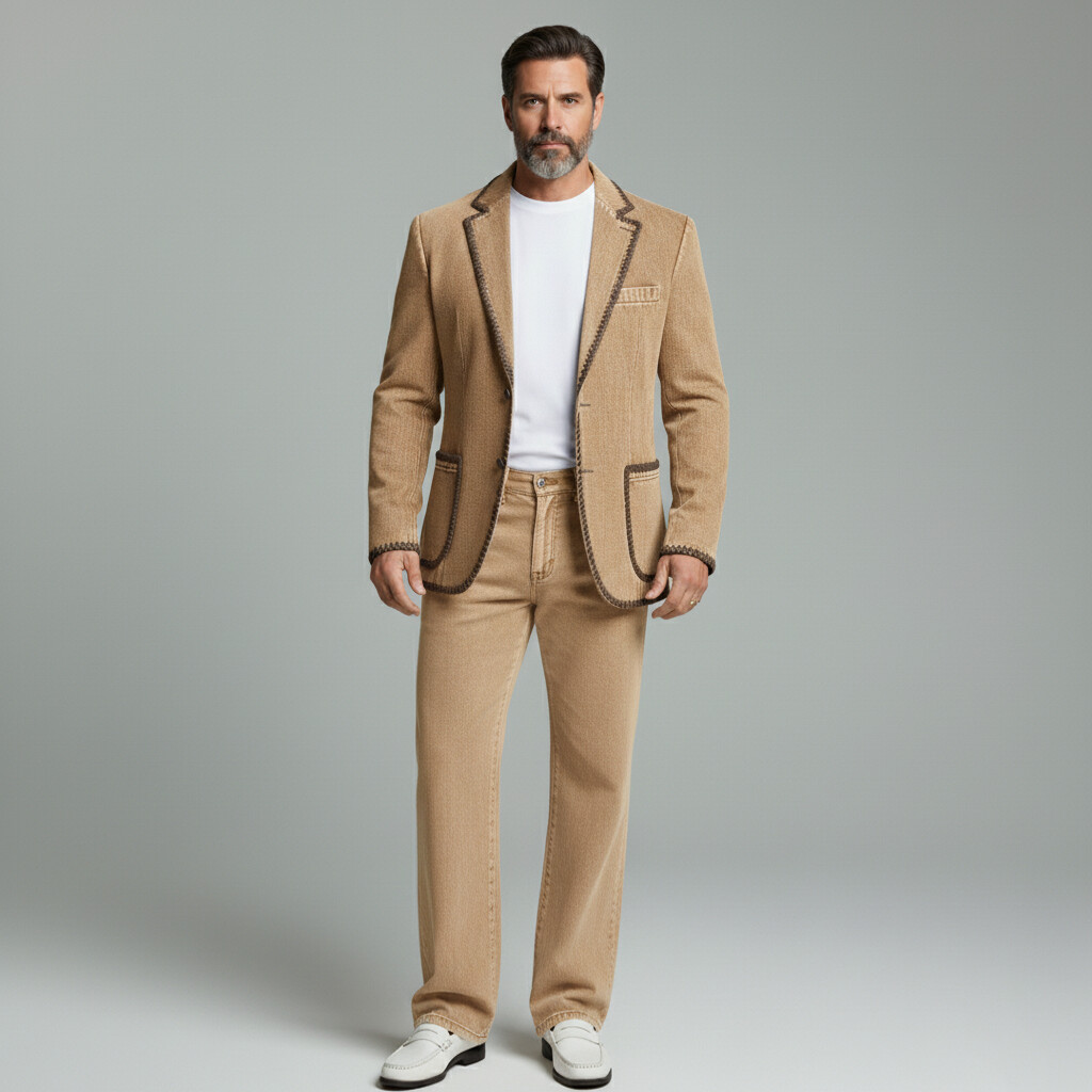 Saco ejecutivo casual Brown Denim Notched Lapel Whipstitch Trim Patch Pockets de manga larga para hombre