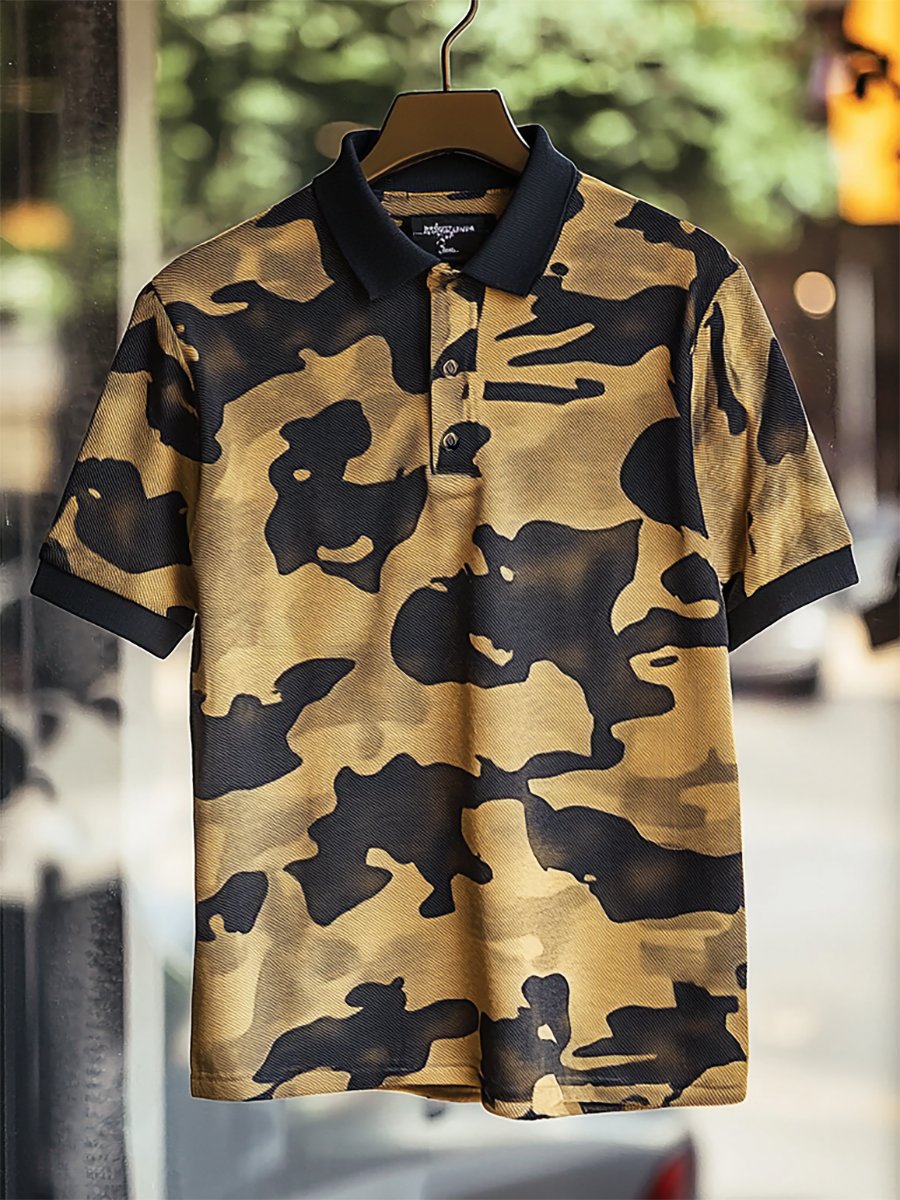 Camisa polo casual ejecutivo camuflaje estampado Button de manga corta para hombre