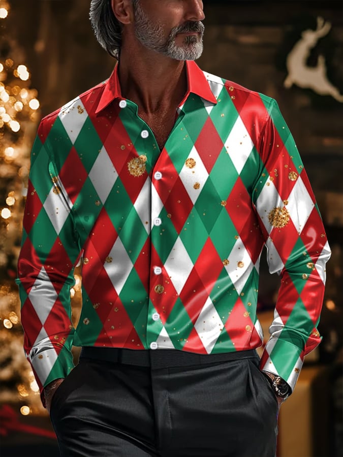 Camisa de lujo Christmas Contrast Color estampado de manga larga para hombre