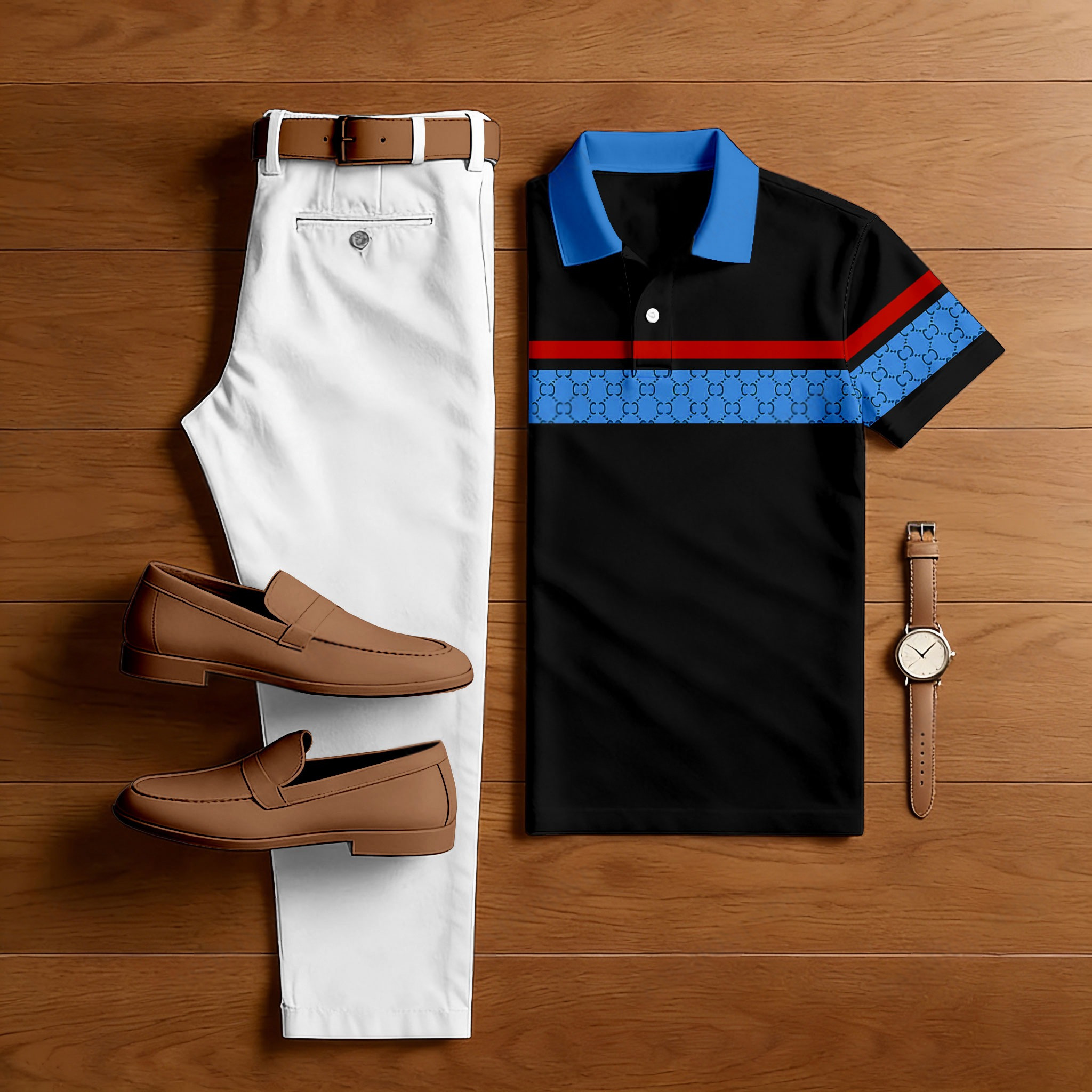 Conjunto de dos piezas casual Black & Blue estampado camisa polo And pantalón para hombre