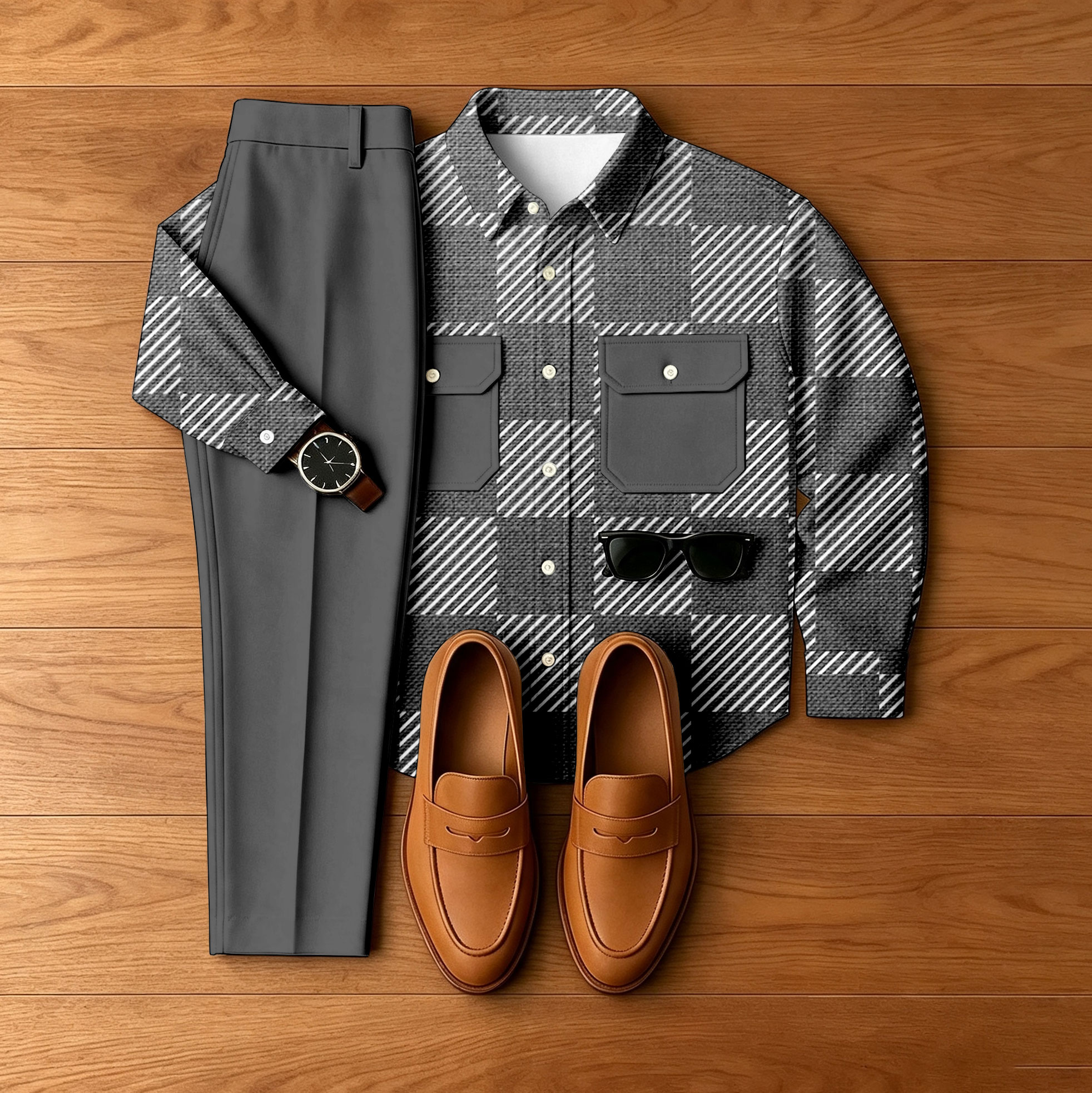 para hombre Gray Checkered Denim-Style chaqueta and pantalón Set