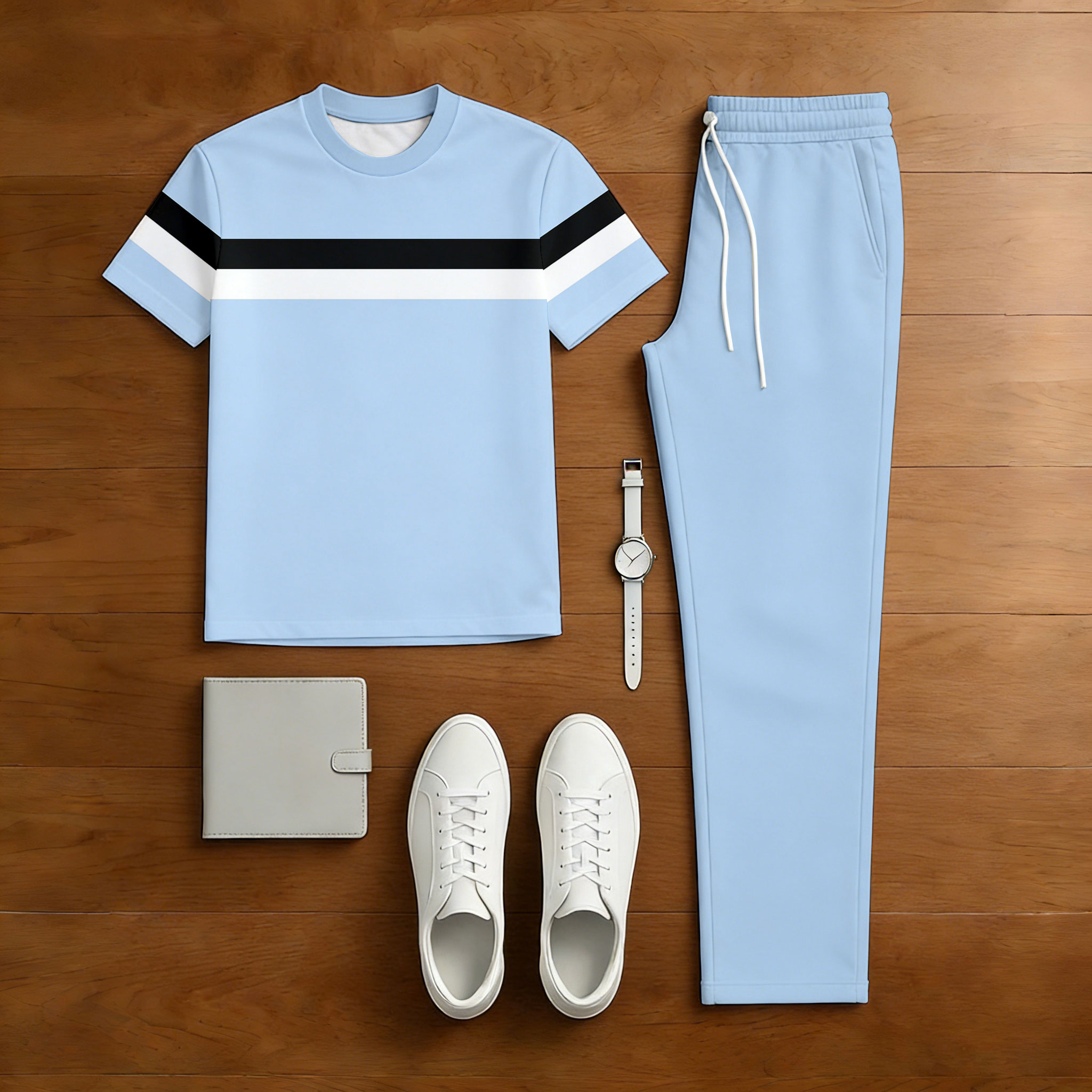 Conjunto de dos piezas casual Blue Color Matching estampado de manga corta camiseta & Trousers para hombre