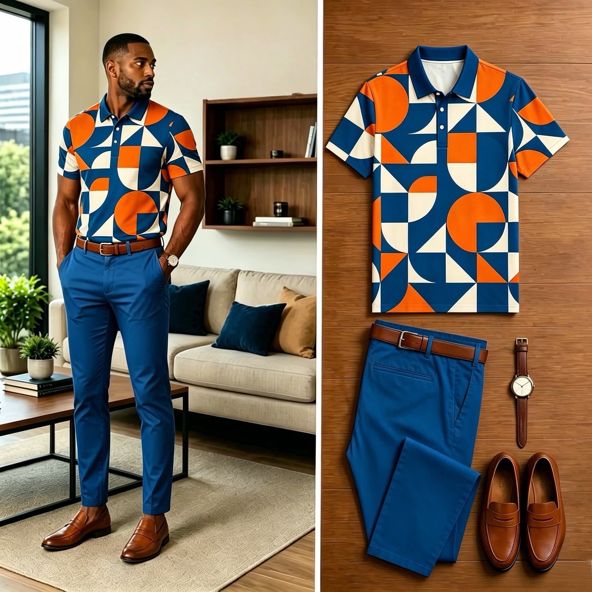 Conjunto de dos piezas casual Colorful en bloques de color estampado camisa polo And pantalón para hombre