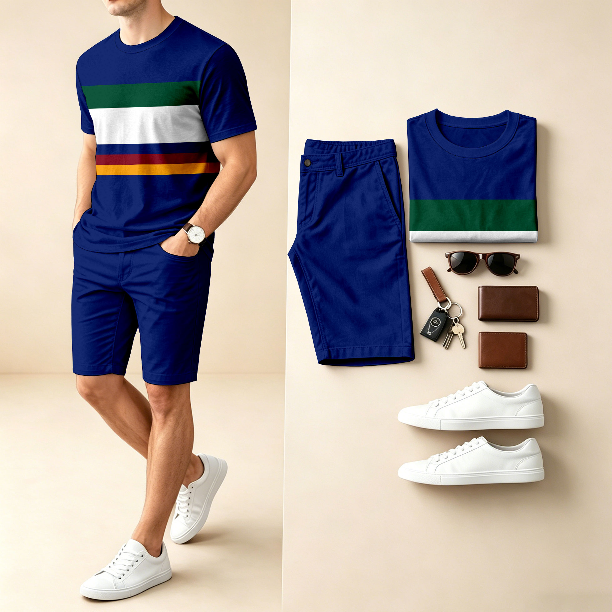Conjunto de dos piezas casual a rayas, Color-Blocked estampado Round-Neck de manga corta camiseta And shorts para hombre