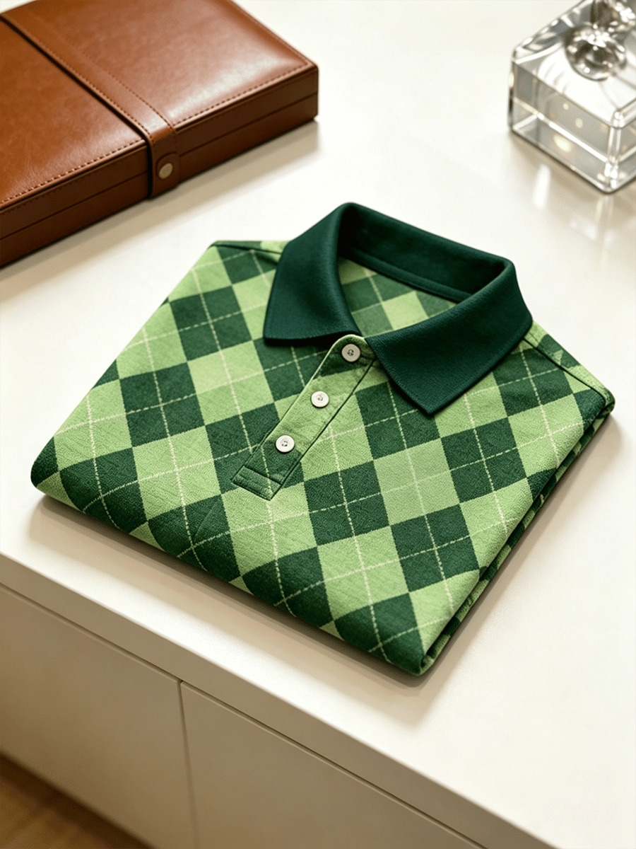 Camisa polo ejecutivo Colorblock a cuadros estampado para hombre