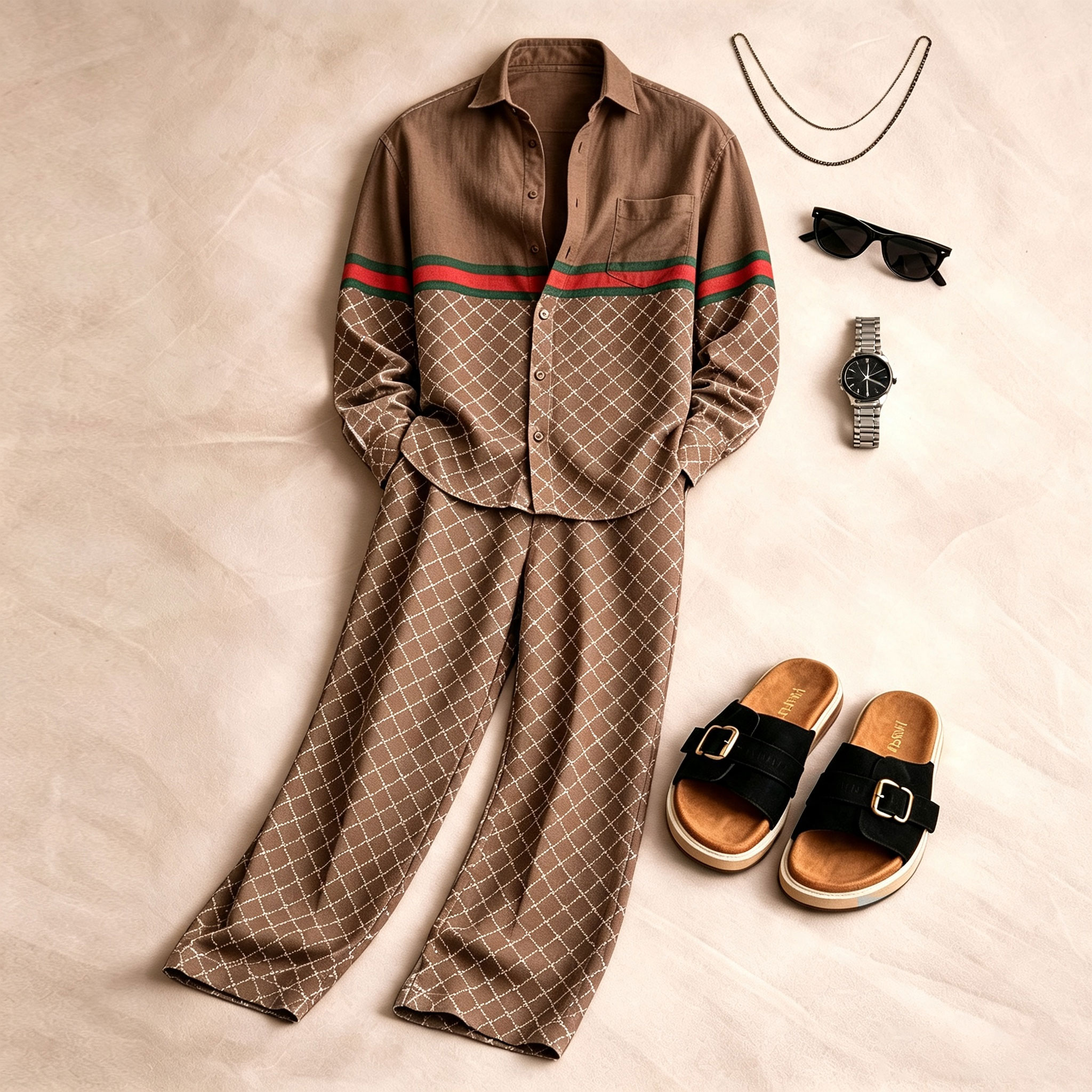 para hombre Brown de manga larga camisa and pantalón Set