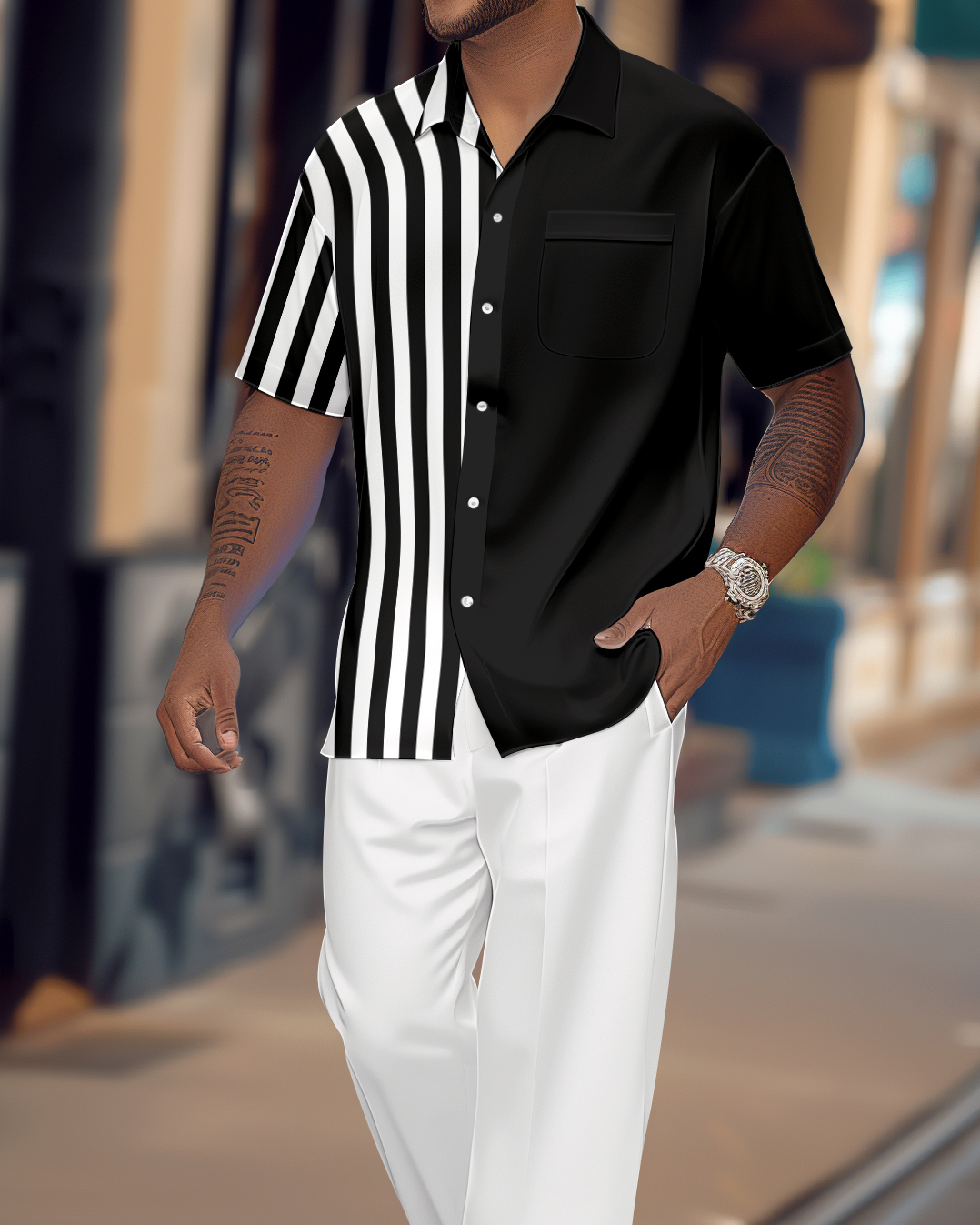 Camisa retro Colorblock de manga corta Walking Suit 1124 para hombre