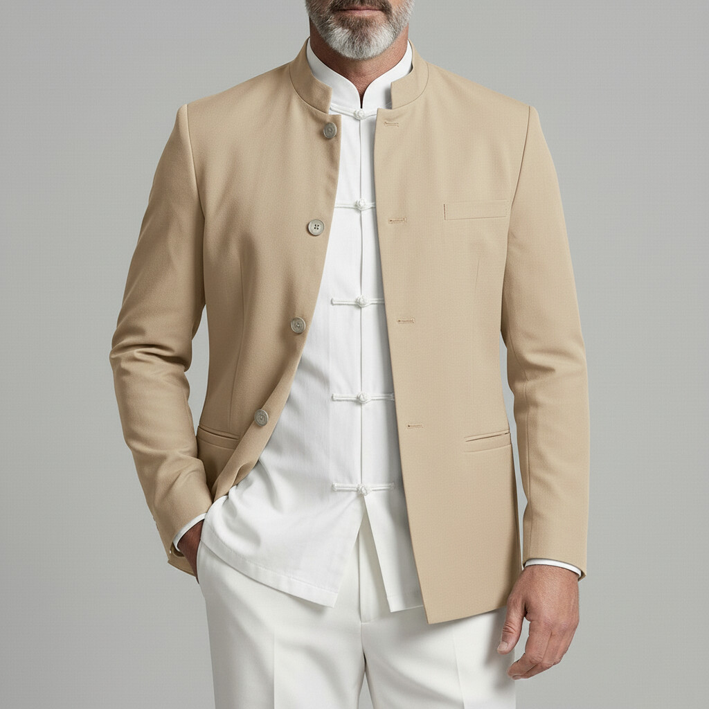 Chaqueta Mandarin Collar Welt Pockets Single Breasted de color sólido para hombre