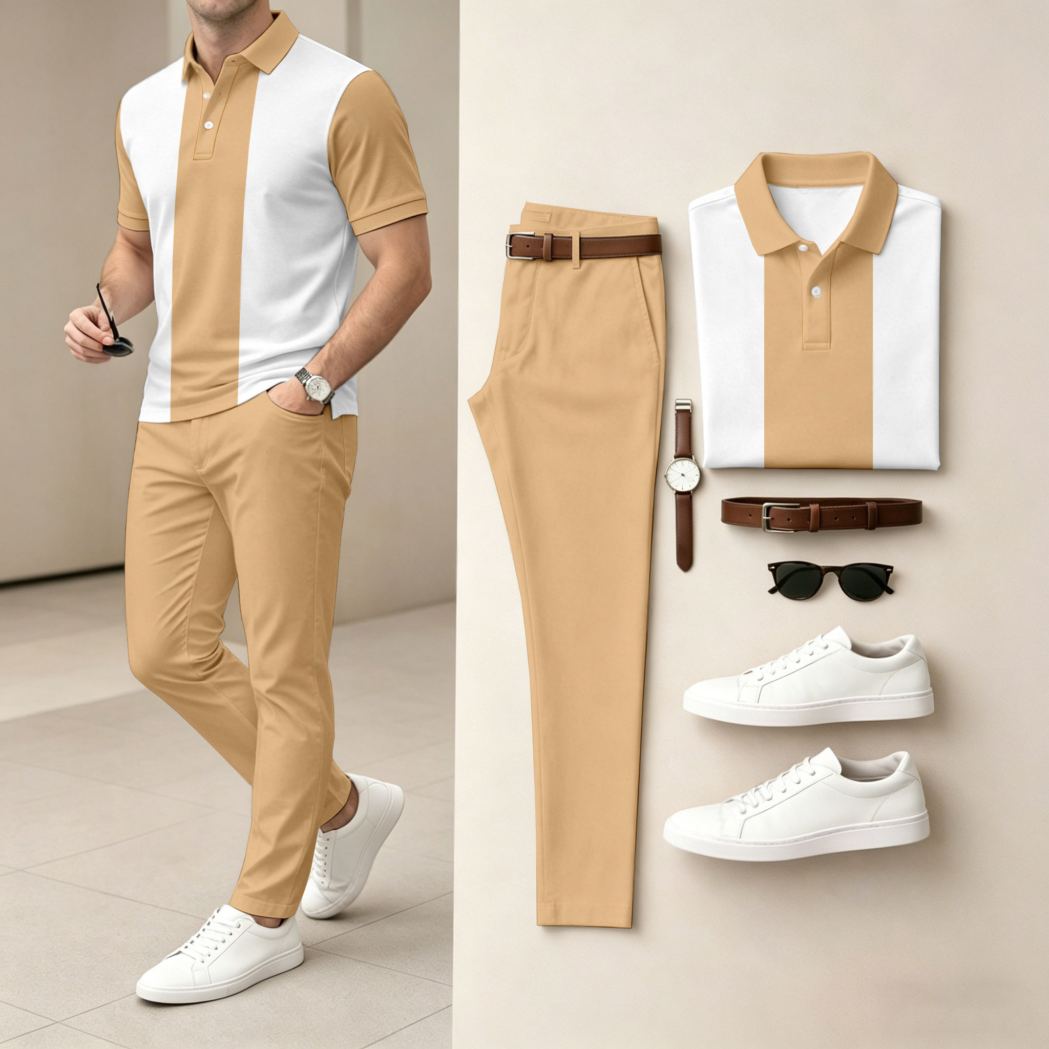 Conjunto de dos piezas casual Apricot estampado camisa polo And pantalón para hombre