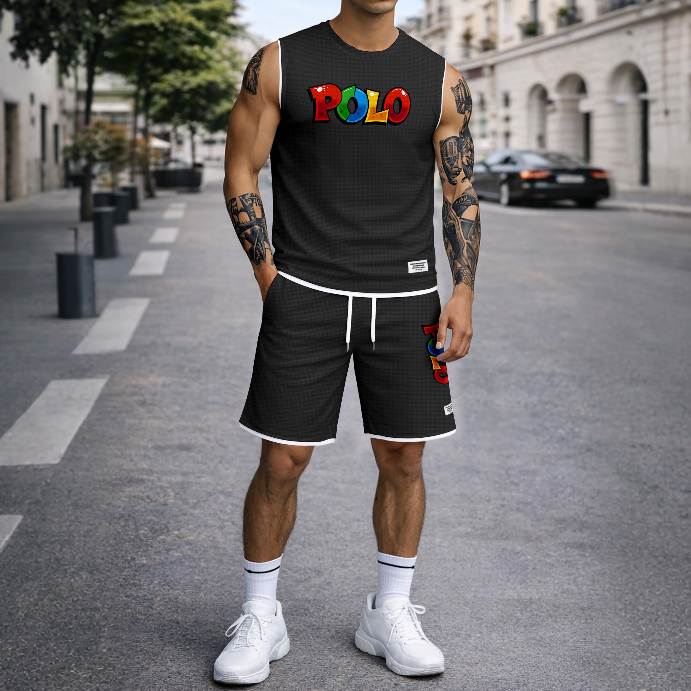 Shorts Graffiti Letter estampado Summer Set Sleeveless Tank Top & Matching Outfit, Lightweight casual Streetwear Athletic Set for Everyday & Holiday para hombre