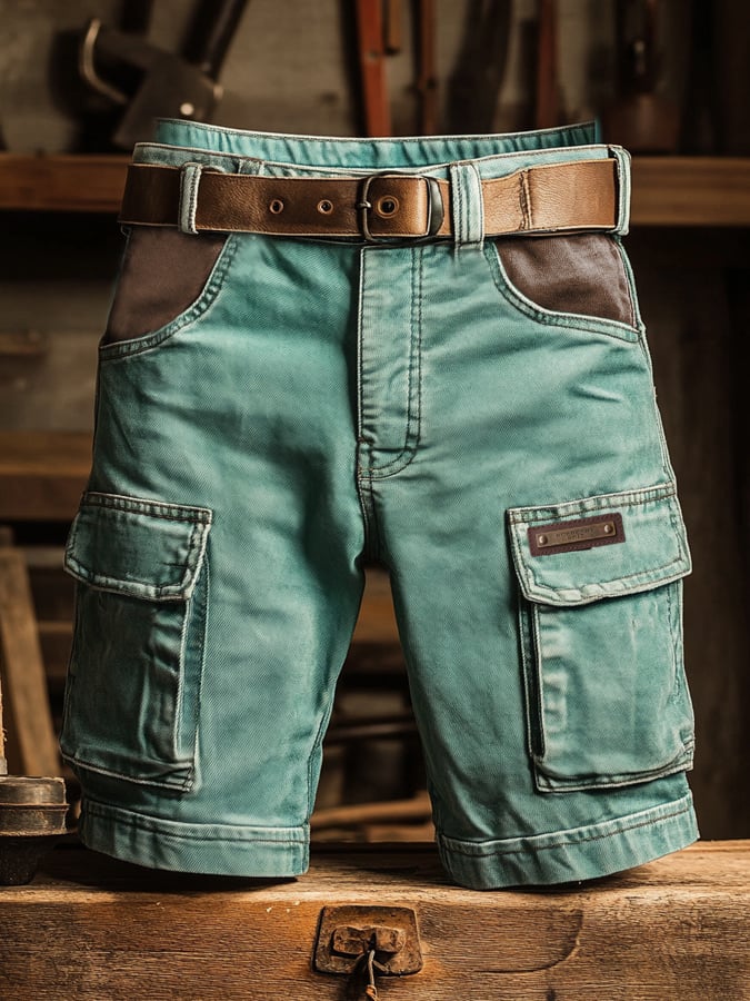 Shorts vintage para exterior bolsillo Functional cuero Embossed Cargo para hombre