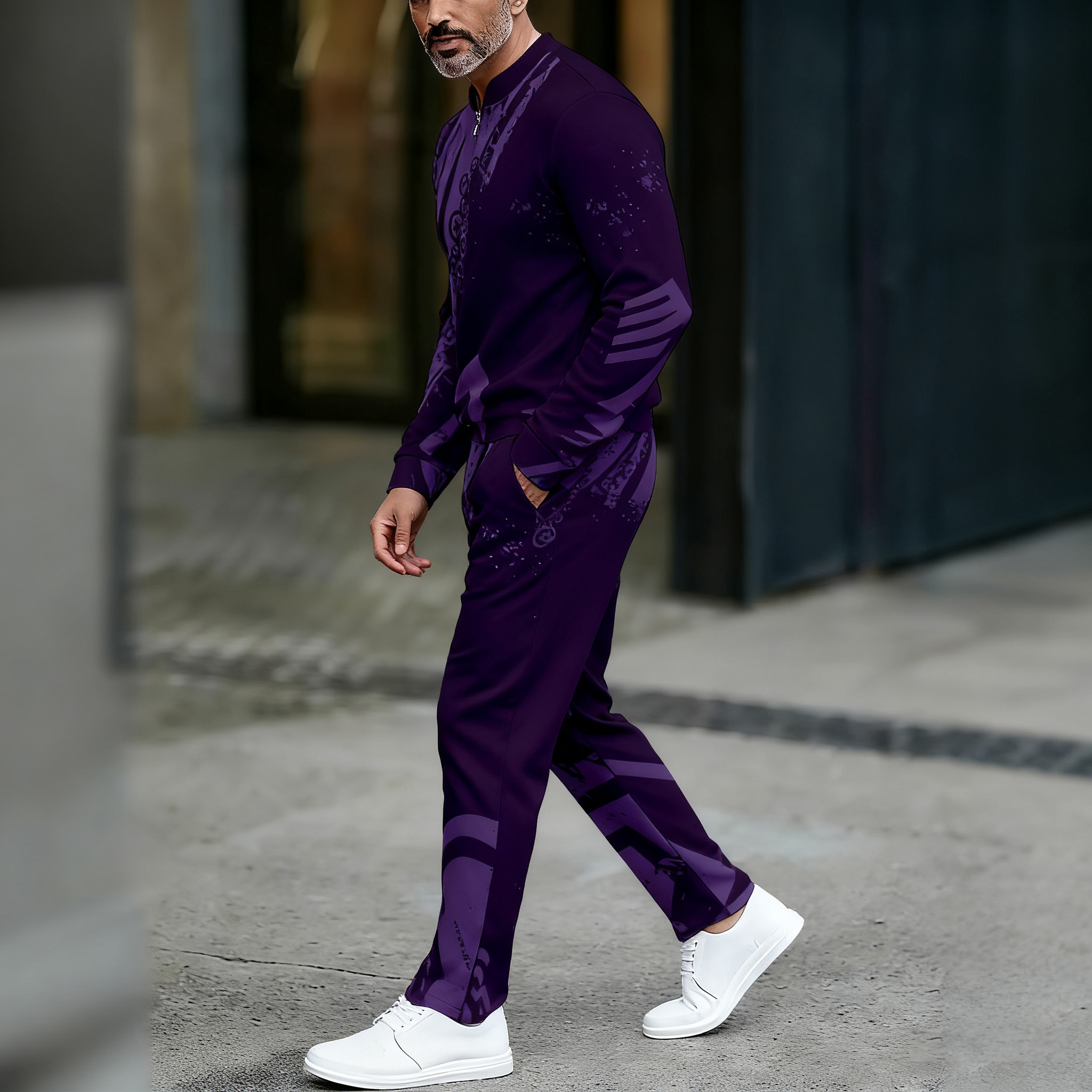 Conjunto de dos piezas casual Color Matching estampado Round-Neck Zipper de manga larga Trousers para hombre