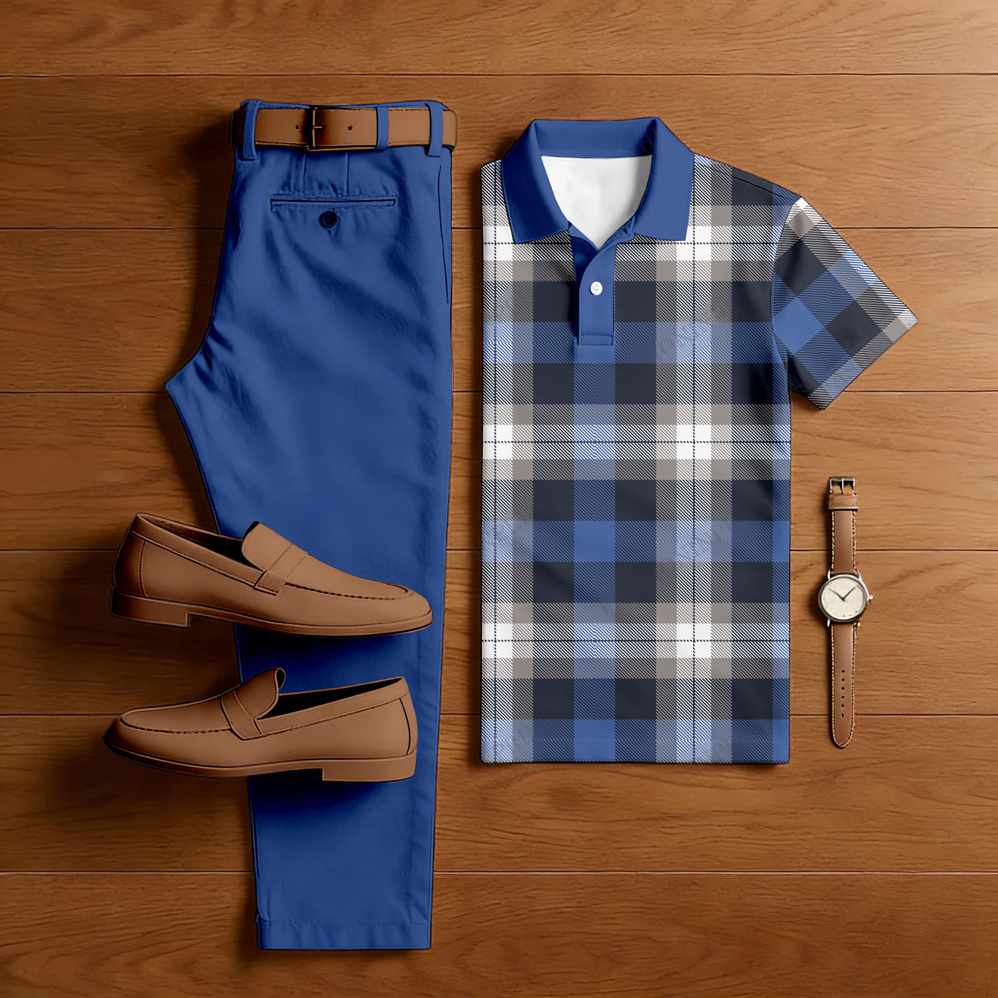 Conjunto de dos piezas casual Deep Blue & Black Color Matching Checkered estampado de manga corta camisa polo & Trousers para hombre