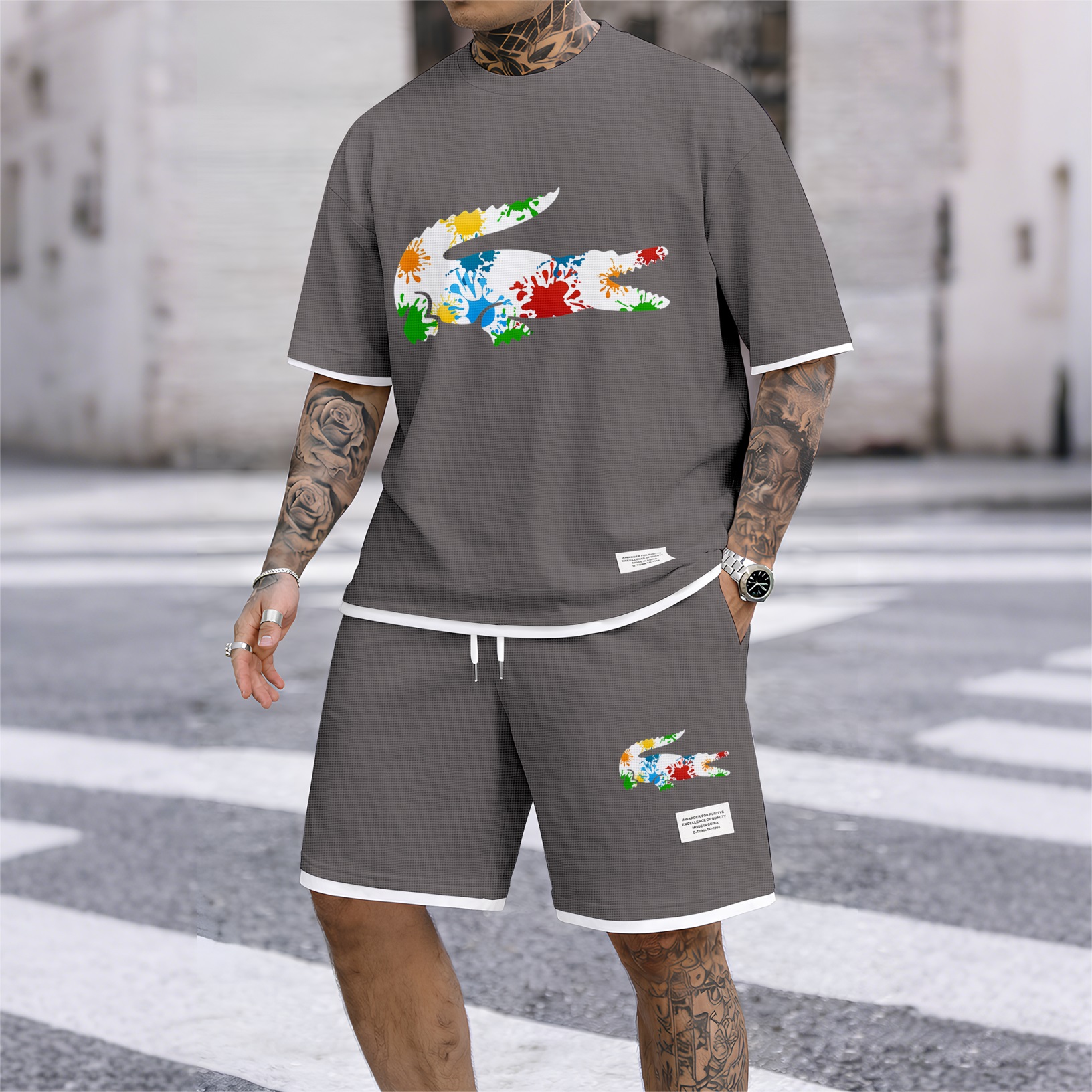 Camisa de lujo tejido tipo waffle de manga corta & shorts Set 17 para hombre