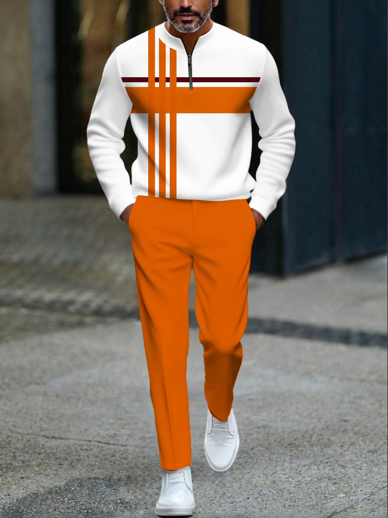 Conjunto de dos piezas casual Orange & White Color Matching geométrico estampado Round-Neck cierre de manga larga Tops & Trousers para hombre