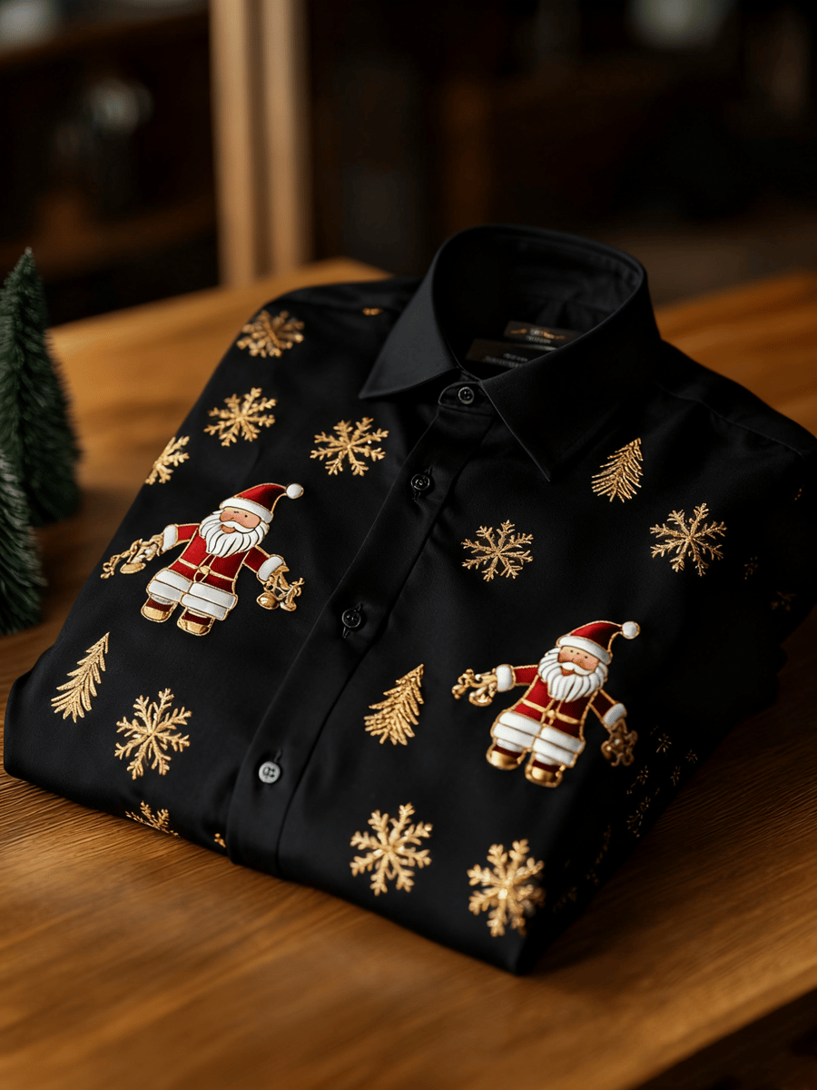 Camisa ejecutivo retro New Year Christmas estampado de manga larga para hombre