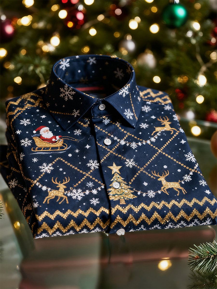 Camisa Christmas de manga larga con botones para hombre