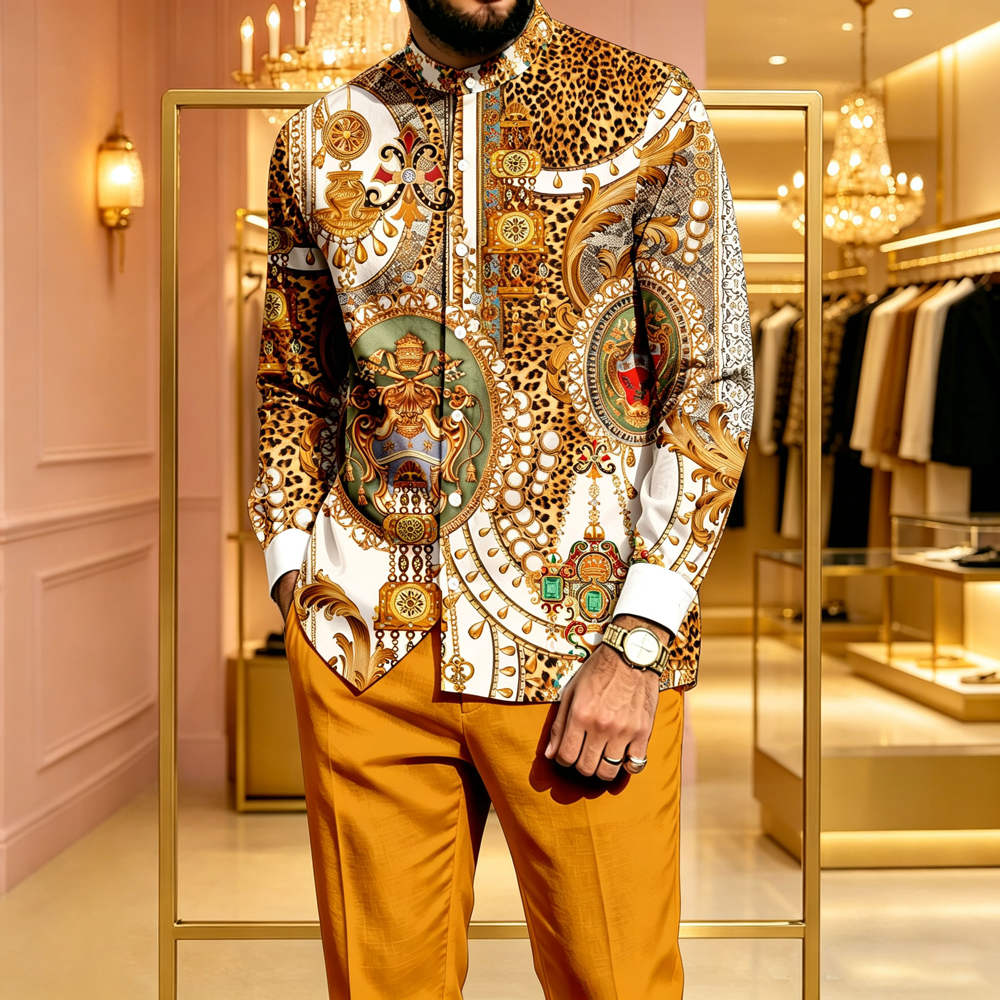 para hombre casual conjunto de dos piezas: de manga larga camisa with Stand-Up Collar and Mixed Prints, and pantalón