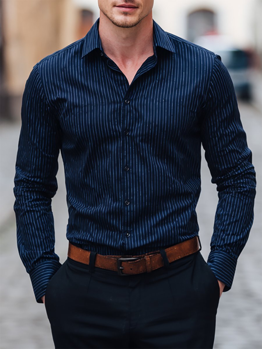 Camisa casual ejecutivo a rayas de manga larga para hombre