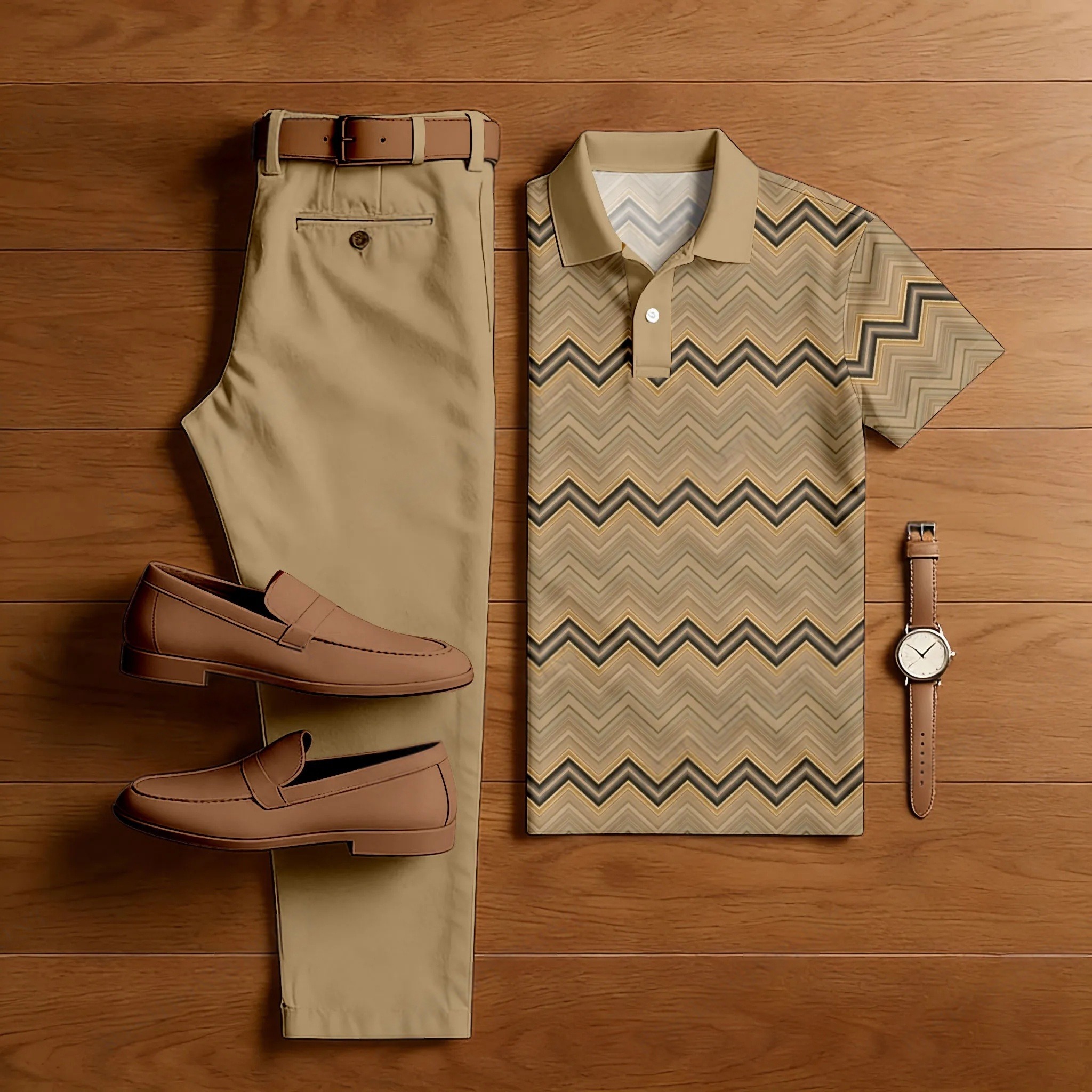Conjunto de dos piezas casual estampado Brown Waves camisa polo And pantalón para hombre