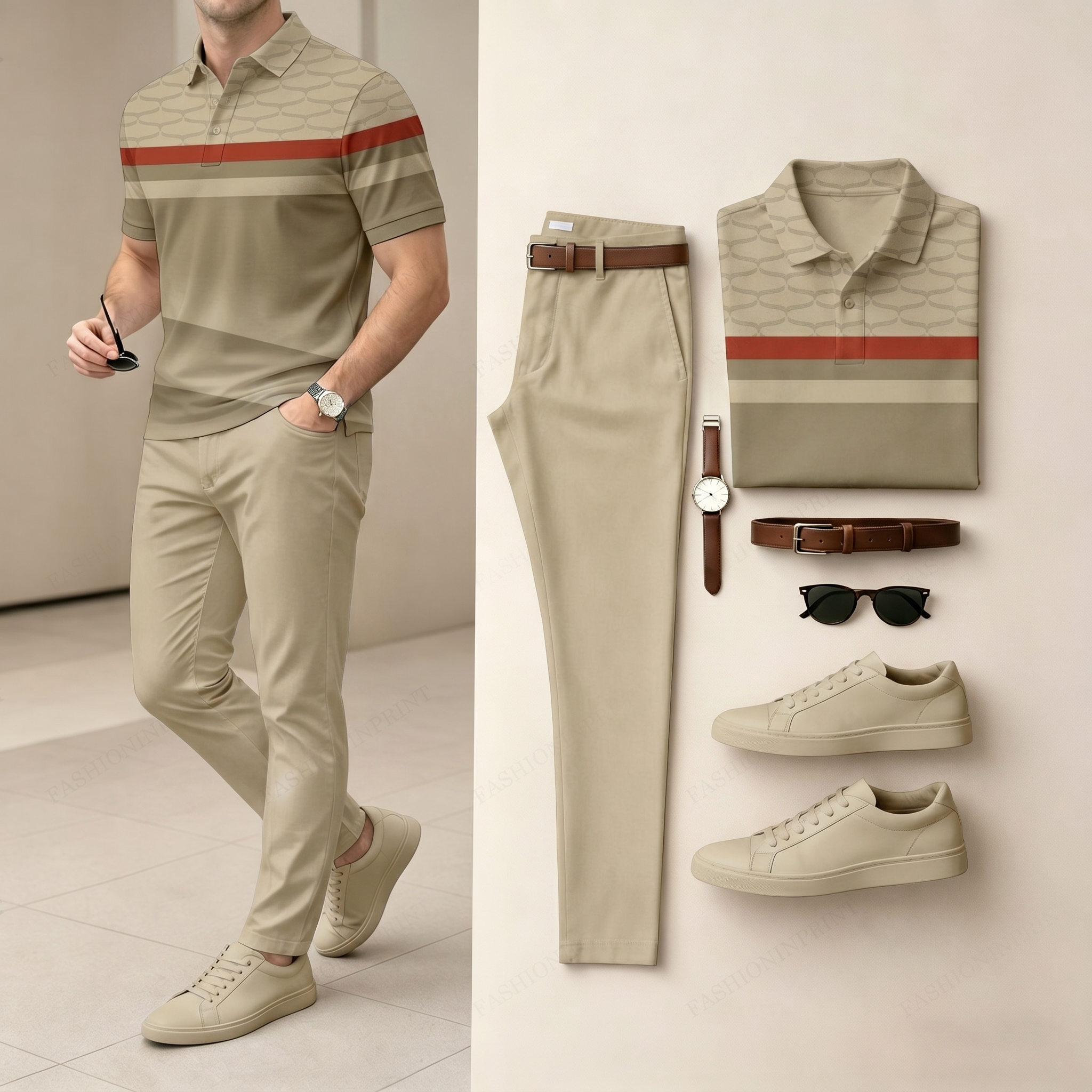 Conjunto de dos piezas Khaki Green Color Matching a rayas estampado de manga corta camisa polo & pantalón para hombre