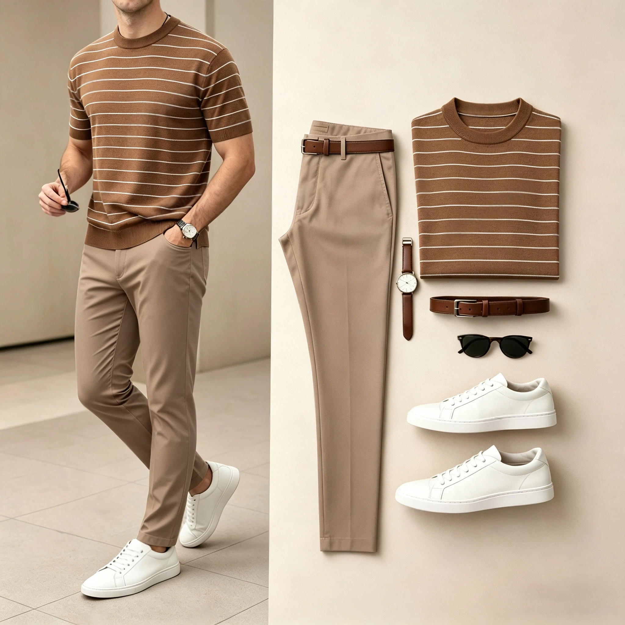 Conjunto de dos piezas Color-Blocked a rayas tejido Crew-Neck de manga corta camiseta and pantalón (Accessories Not Included) para hombre
