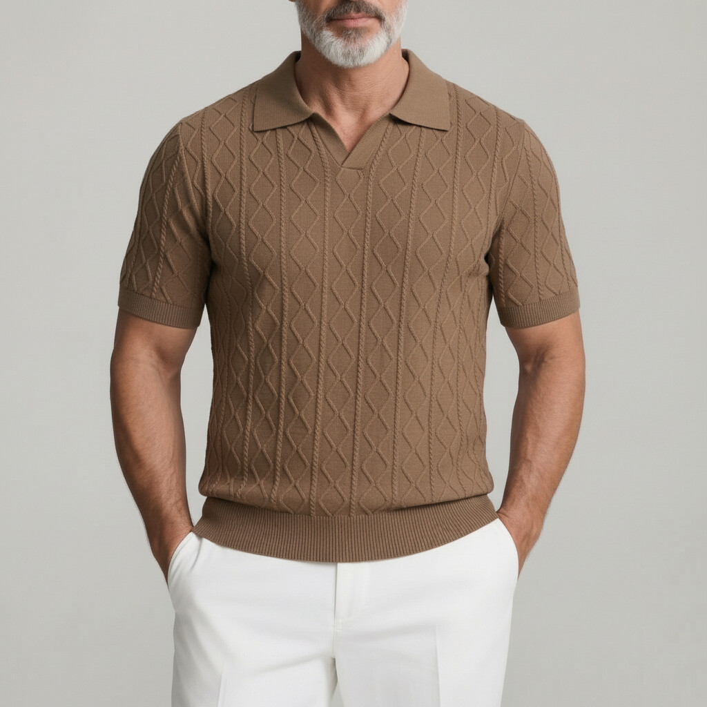 Camisa polo casual Geometric Textured de color sólido de corte entallado de manga corta para hombre