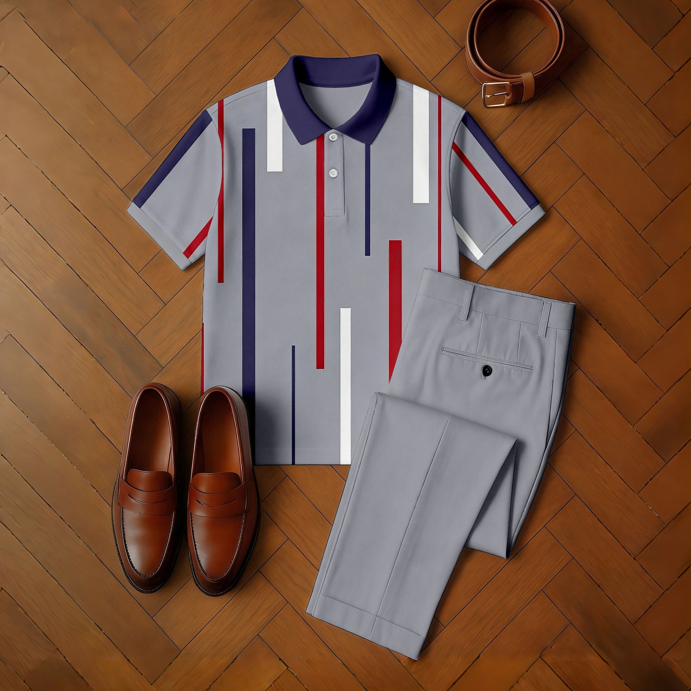 Conjunto de dos piezas casual Gray & Purple Color Matching Rectangle estampado de manga corta camisa polo & Trousers para hombre
