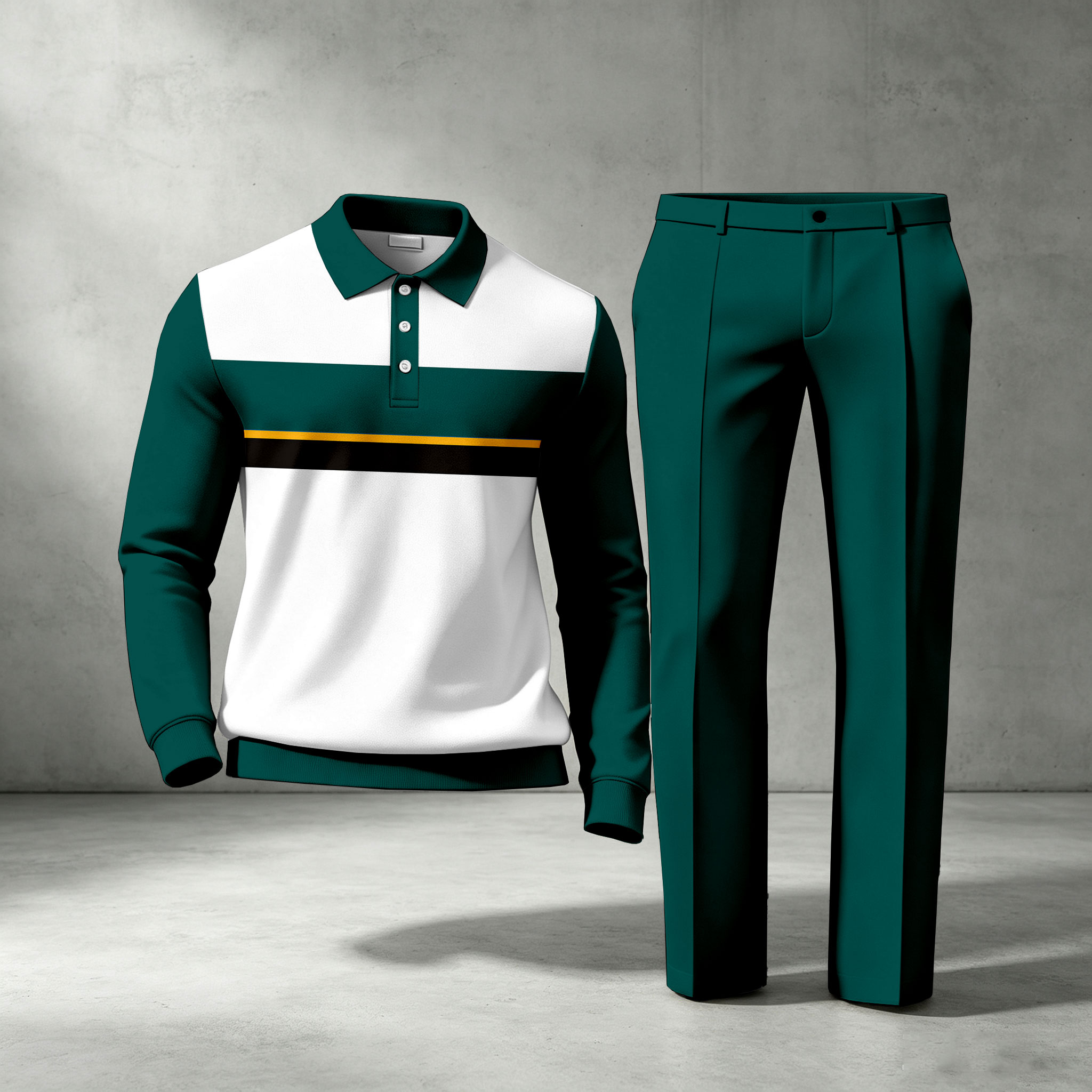 para hombre Green a rayas de manga larga camisa polo and pantalón conjunto de dos piezas
