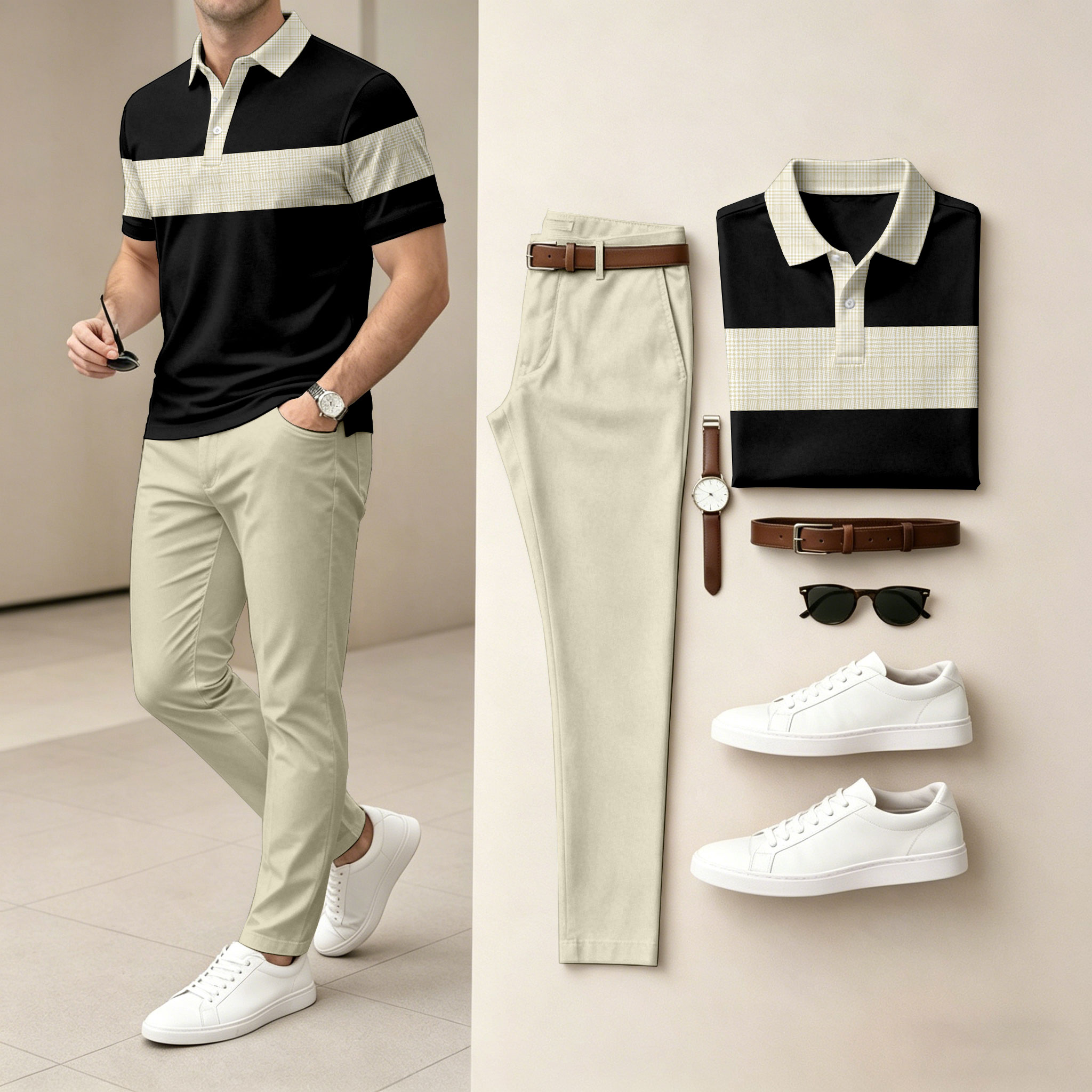 para hombre conjunto de dos piezas: Color-Blocked de manga corta camisa polo and pantalón