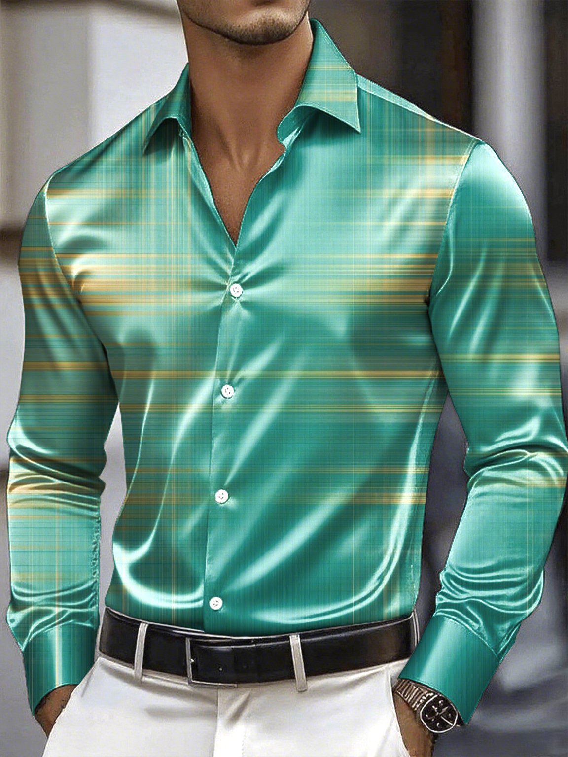 Camisa satén Luxe de manga larga con botones para hombre