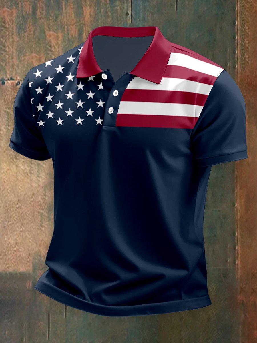 Camisa polo para exterior Independence Day American Flag Button de manga corta para hombre